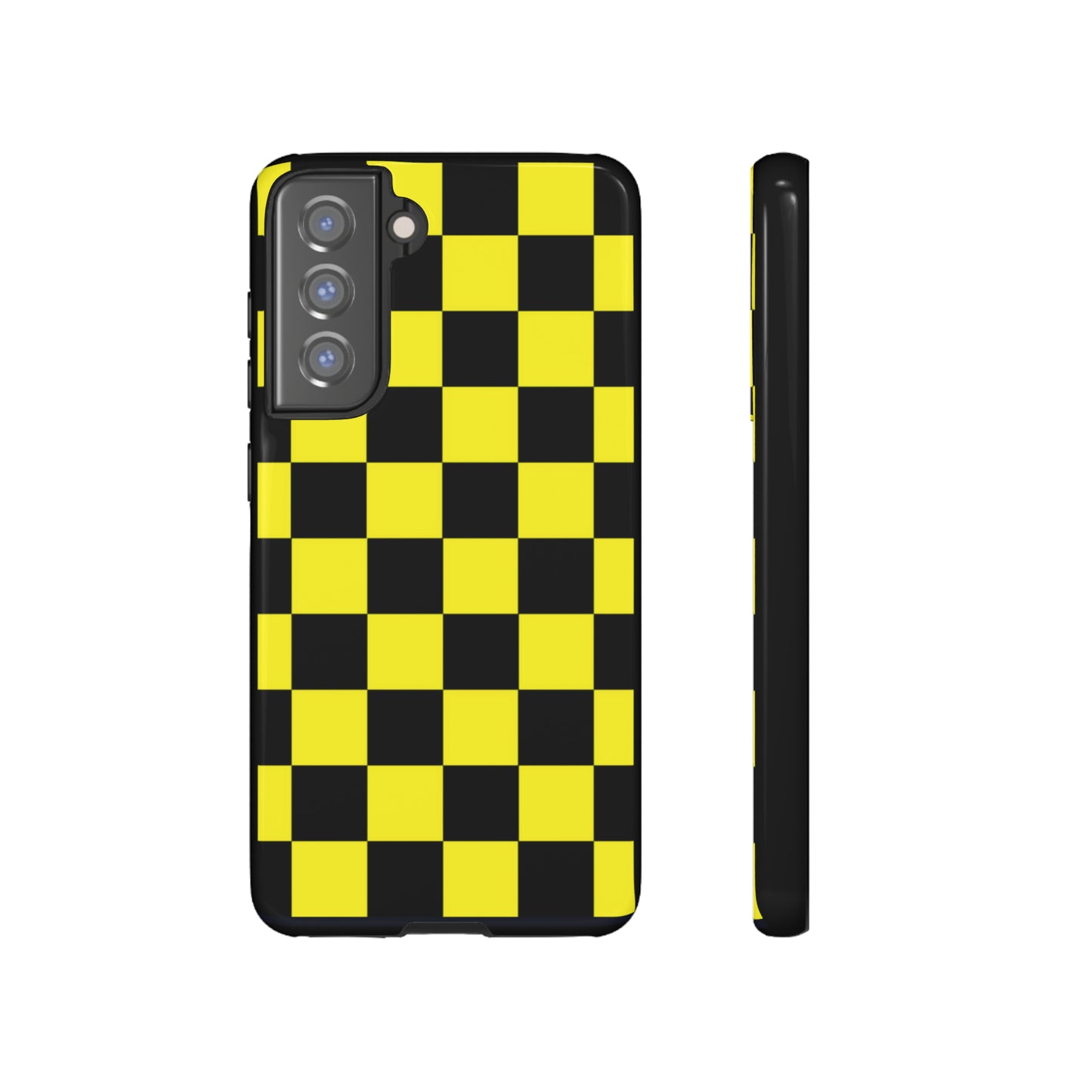 Yellow and Black Checkers with Black background: 46-Tough Case iPhone series 15 14 13 12 11 X XR XS 8: Google series 7 6 5: Samsung series S23 S22 S21 S20 S10