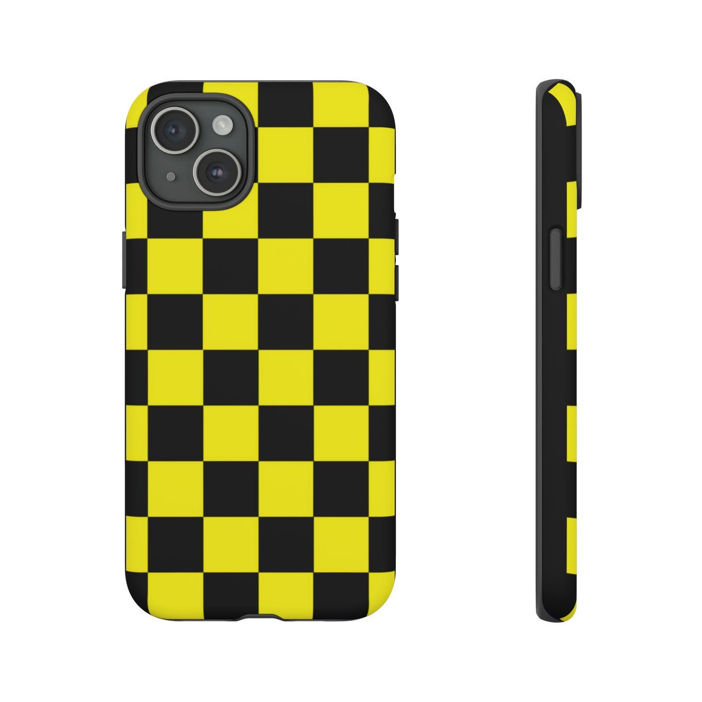 Yellow and Black Checkers with Black background: 46-Tough Case iPhone series 15 14 13 12 11 X XR XS 8: Google series 7 6 5: Samsung series S23 S22 S21 S20 S10