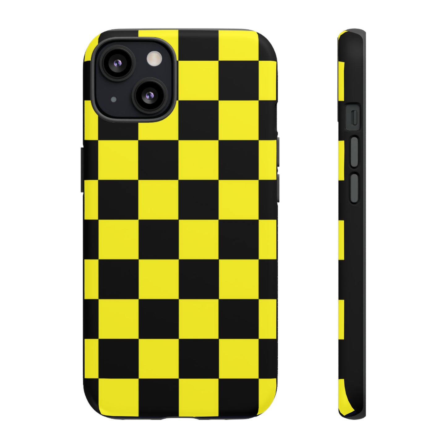 Yellow and Black Checkers with Black background: 46-Tough Case iPhone series 15 14 13 12 11 X XR XS 8: Google series 7 6 5: Samsung series S23 S22 S21 S20 S10