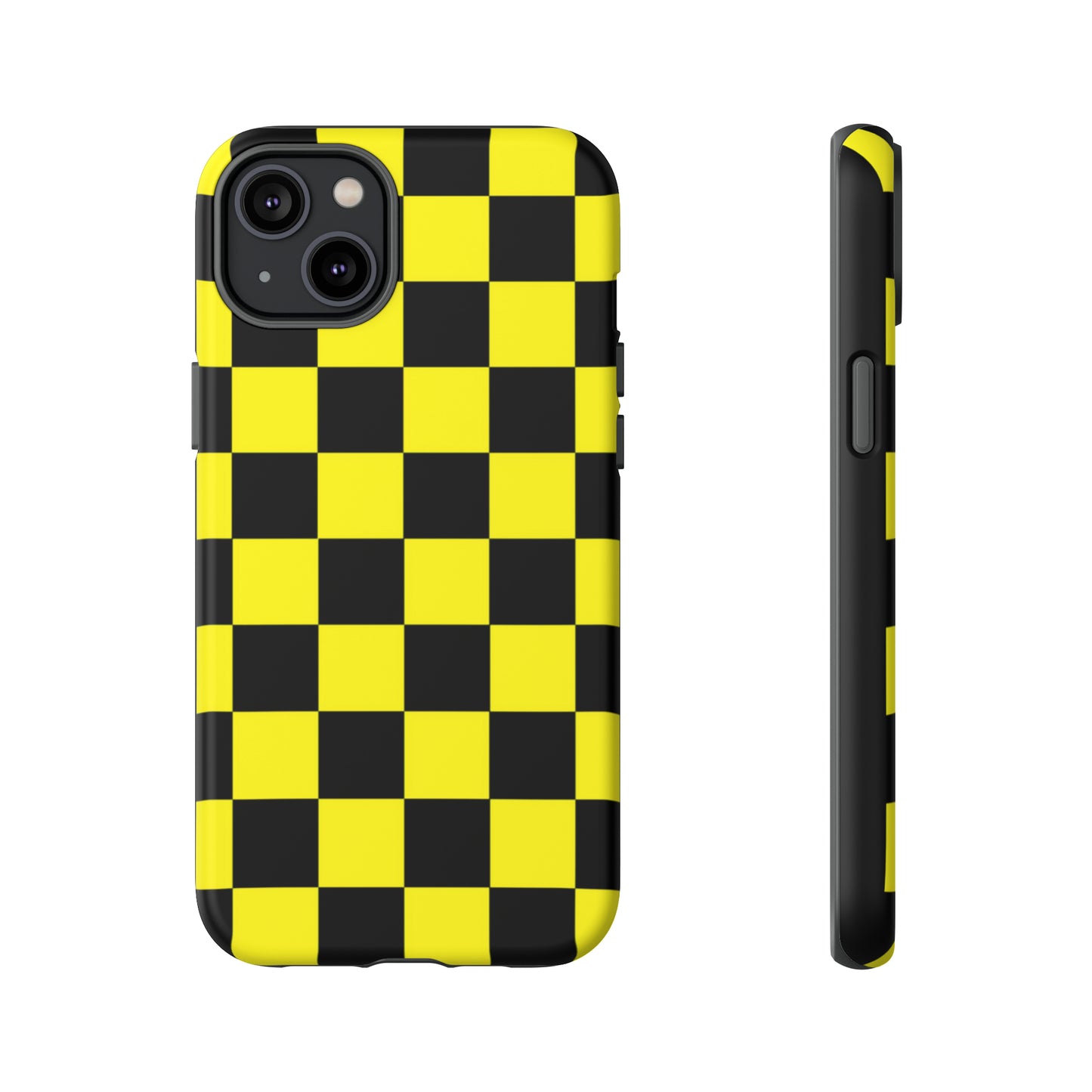 Yellow and Black Checkers with Black background: 46-Tough Case iPhone series 15 14 13 12 11 X XR XS 8: Google series 7 6 5: Samsung series S23 S22 S21 S20 S10