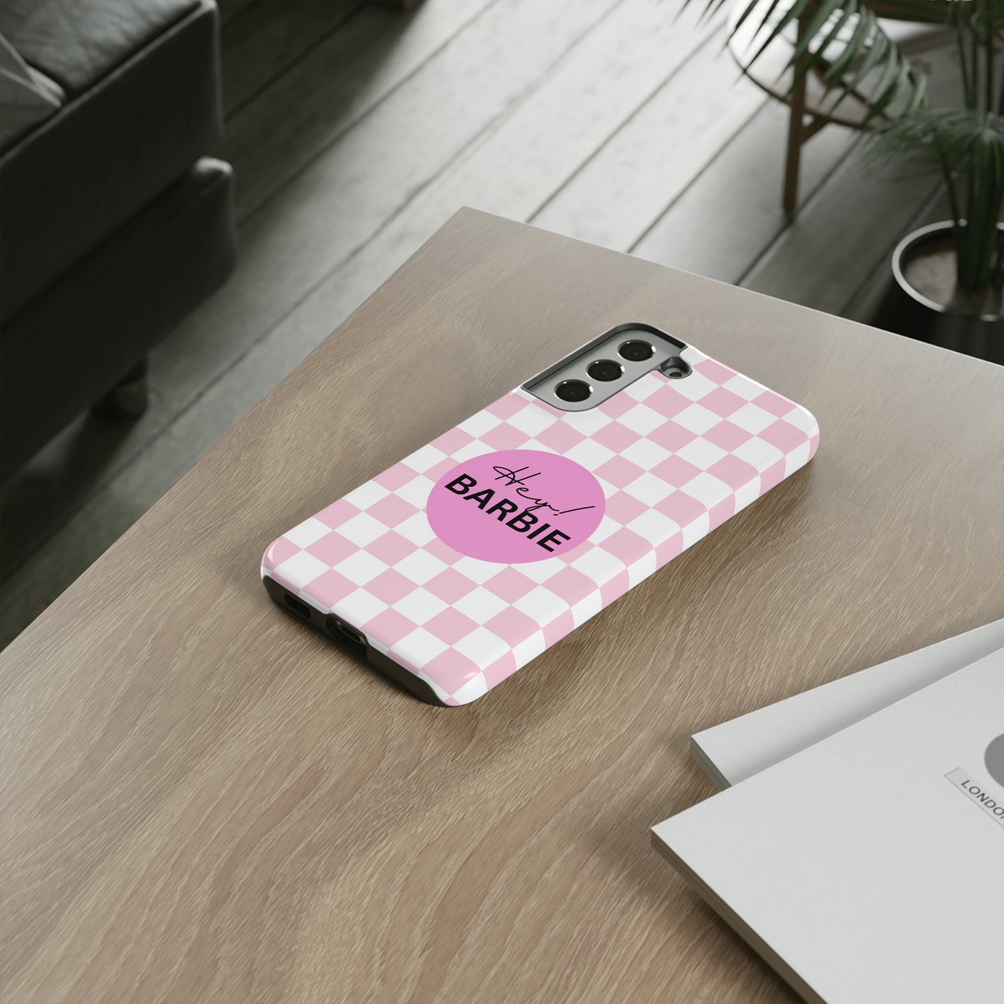 Pink and White Hey Barbie: 46-Tough Case iPhone series 15 14 13 12 11 X XR XS 8: Google series 7 6 5: Samsung series S23 S22 S21 S20 S10