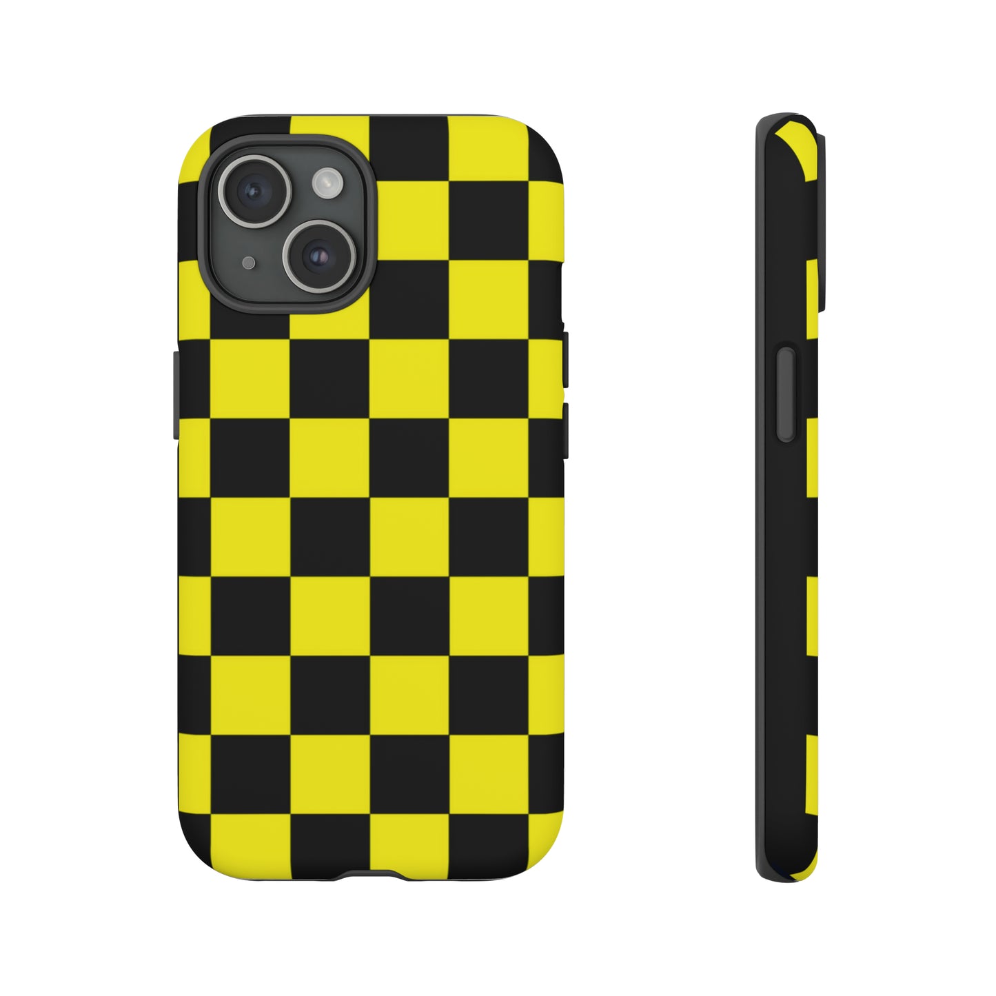 Yellow and Black Checkers with Black background: 46-Tough Case iPhone series 15 14 13 12 11 X XR XS 8: Google series 7 6 5: Samsung series S23 S22 S21 S20 S10