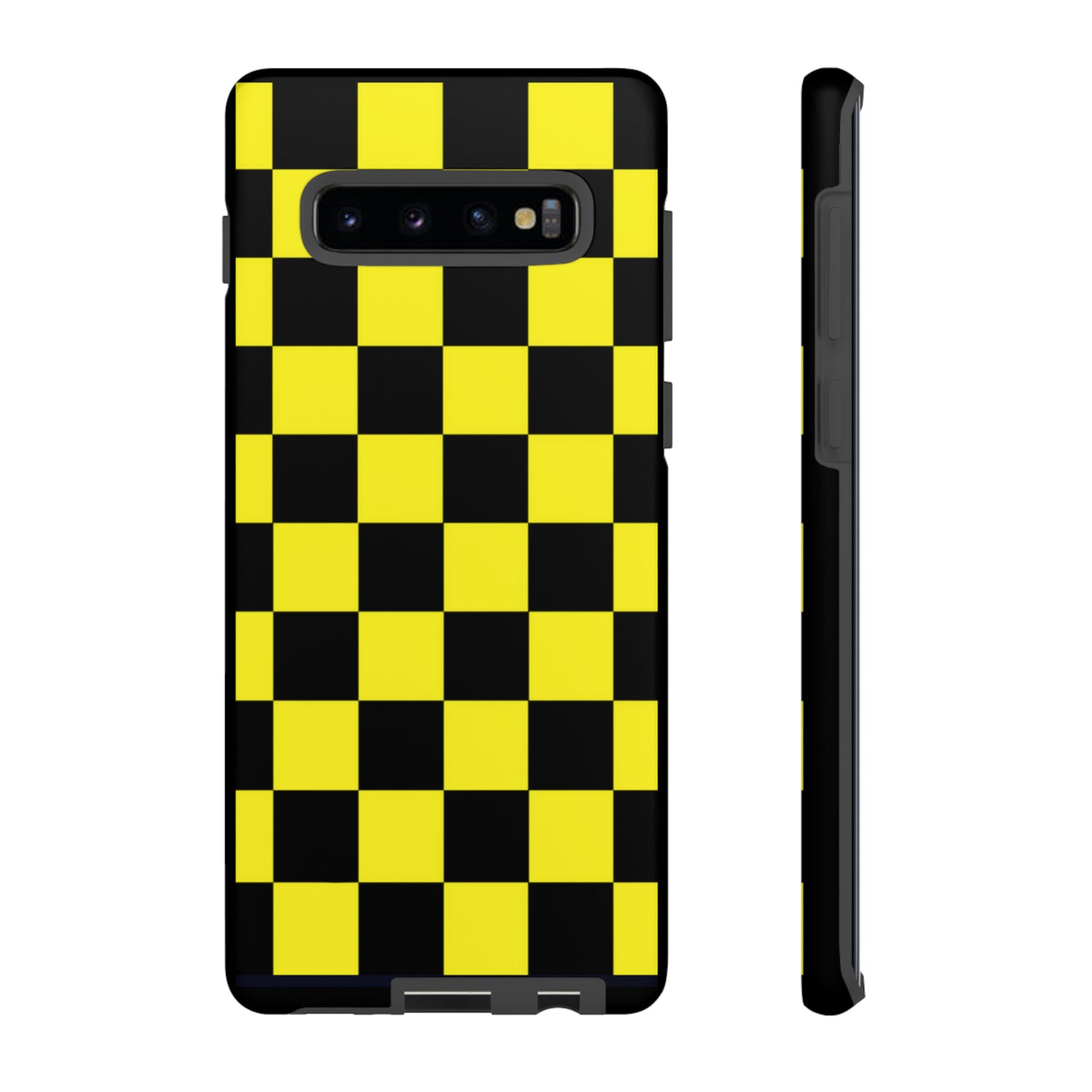 Yellow and Black Checkers with Black background: 46-Tough Case iPhone series 15 14 13 12 11 X XR XS 8: Google series 7 6 5: Samsung series S23 S22 S21 S20 S10