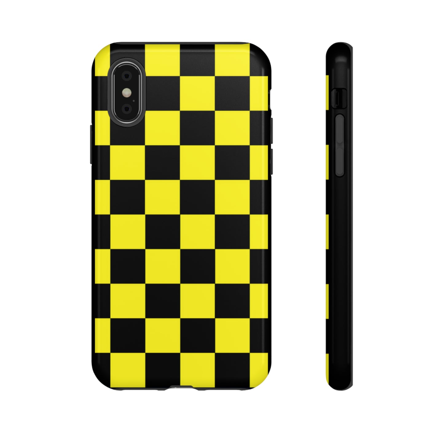 Yellow and Black Checkers with Black background: 46-Tough Case iPhone series 15 14 13 12 11 X XR XS 8: Google series 7 6 5: Samsung series S23 S22 S21 S20 S10