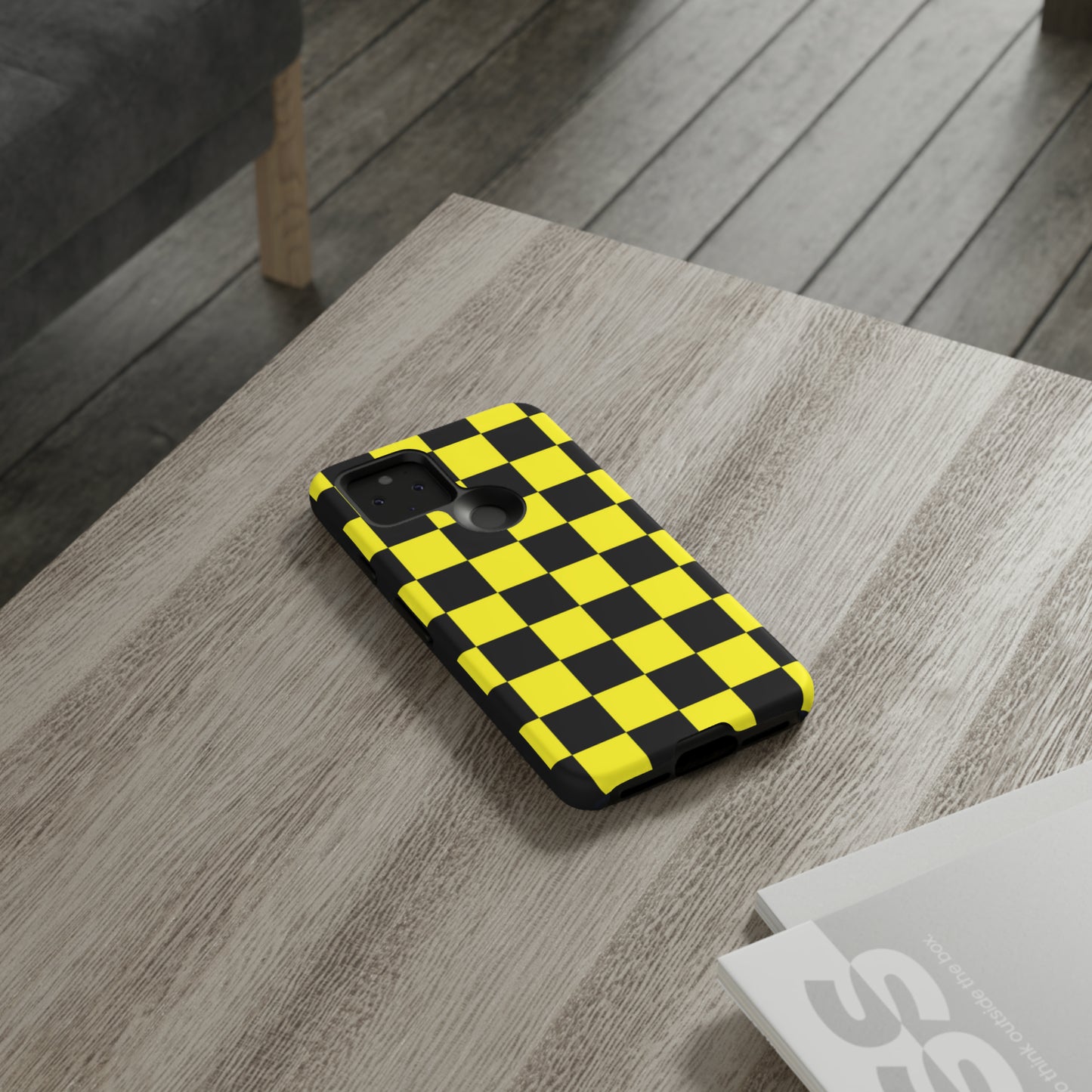 Yellow and Black Checkers with Black background: 46-Tough Case iPhone series 15 14 13 12 11 X XR XS 8: Google series 7 6 5: Samsung series S23 S22 S21 S20 S10