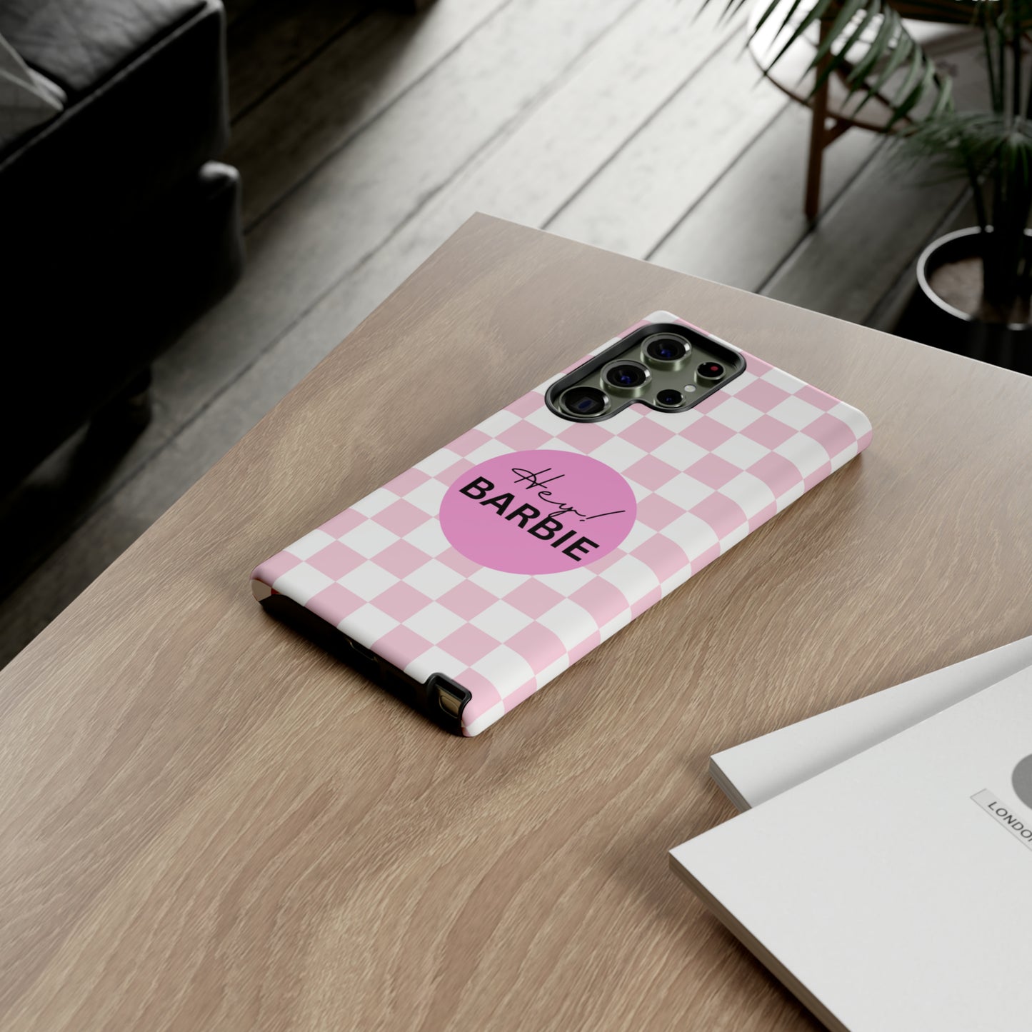 Pink and White Hey Barbie: 46-Tough Case iPhone series 15 14 13 12 11 X XR XS 8: Google series 7 6 5: Samsung series S23 S22 S21 S20 S10