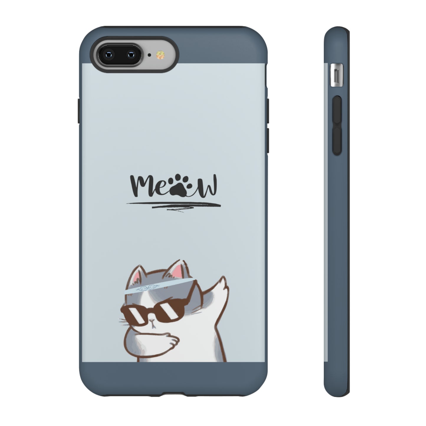 Cats Meow with slate blue background: 46-Tough Case iPhone series 15 14 13 12 11 X XR XS 8: Google series 7 6 5: Samsung series S23 S22 S21 S20 S10