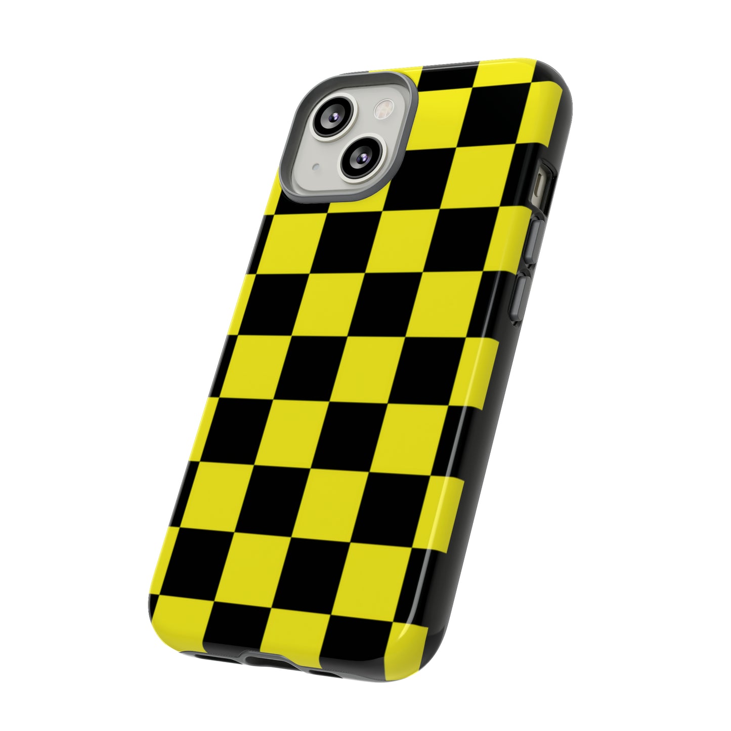 Yellow and Black Checkers with Black background: 46-Tough Case iPhone series 15 14 13 12 11 X XR XS 8: Google series 7 6 5: Samsung series S23 S22 S21 S20 S10