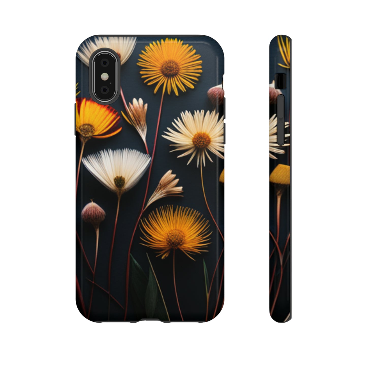 Elegant dried pressed flowers on a black background 46-Tough Case iPhone series 15 14 13 12 11 X XR XS 8: Google series 7 6 5: Samsung series S23 S22 S21 S20 S10