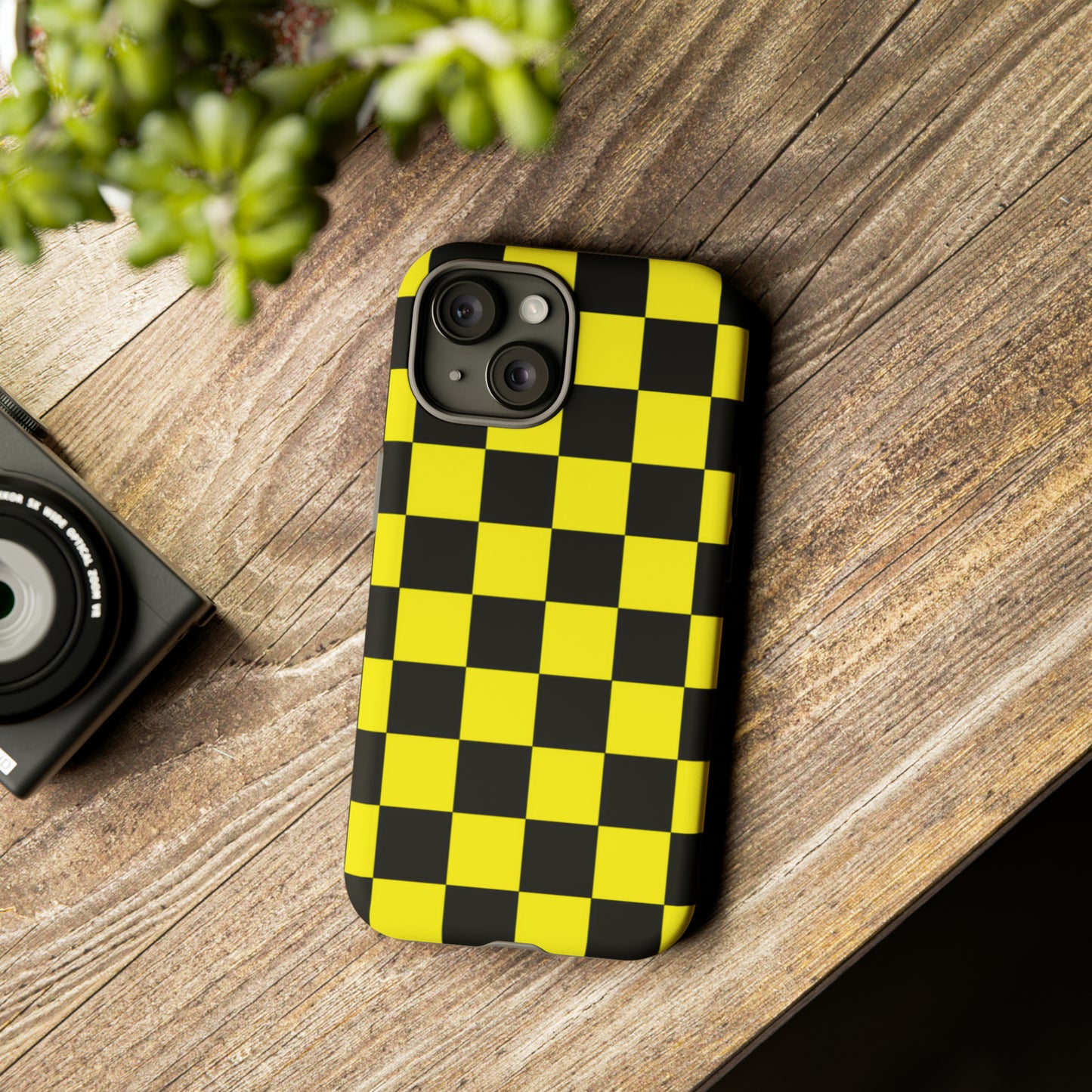 Yellow and Black Checkers with Black background: 46-Tough Case iPhone series 15 14 13 12 11 X XR XS 8: Google series 7 6 5: Samsung series S23 S22 S21 S20 S10