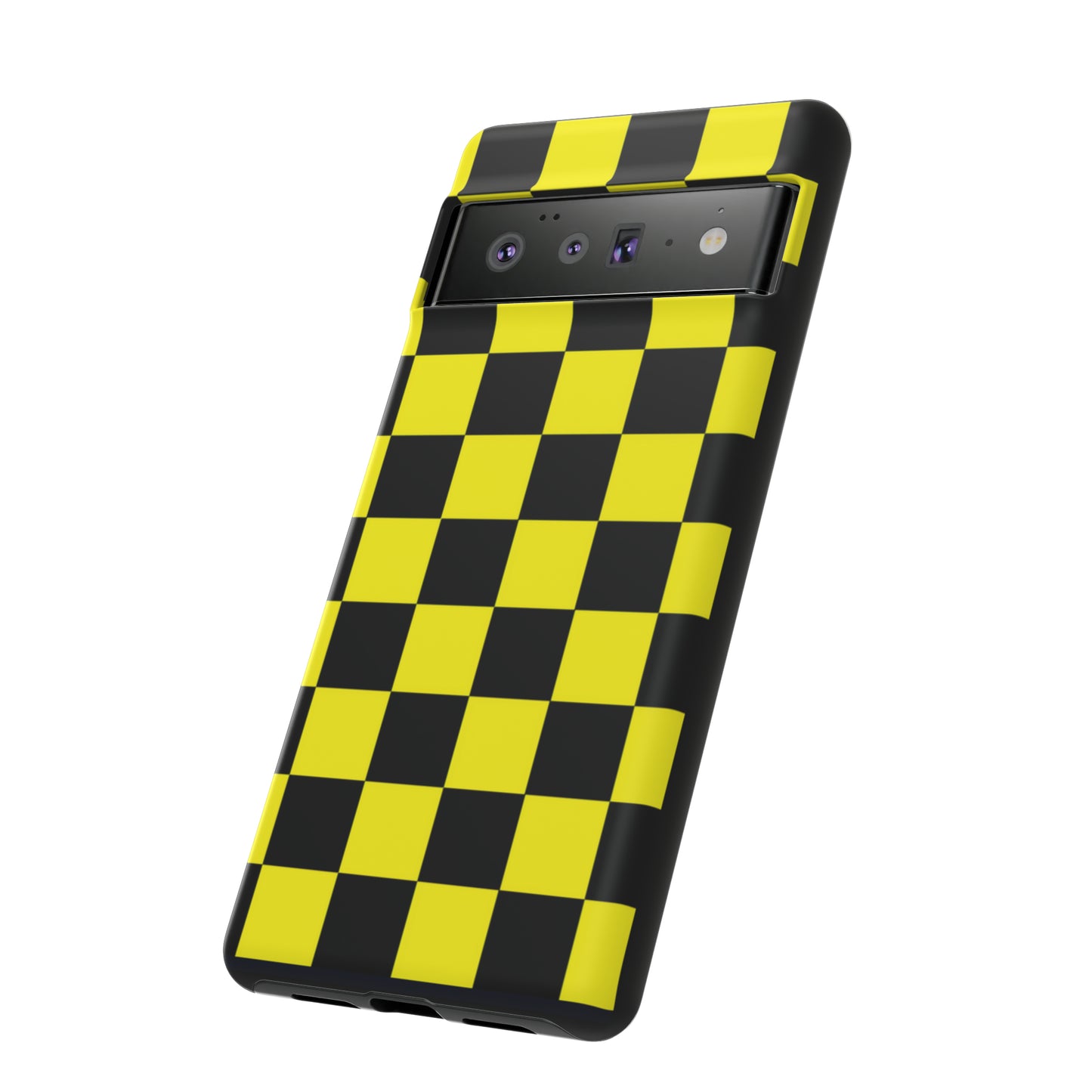 Yellow and Black Checkers with Black background: 46-Tough Case iPhone series 15 14 13 12 11 X XR XS 8: Google series 7 6 5: Samsung series S23 S22 S21 S20 S10