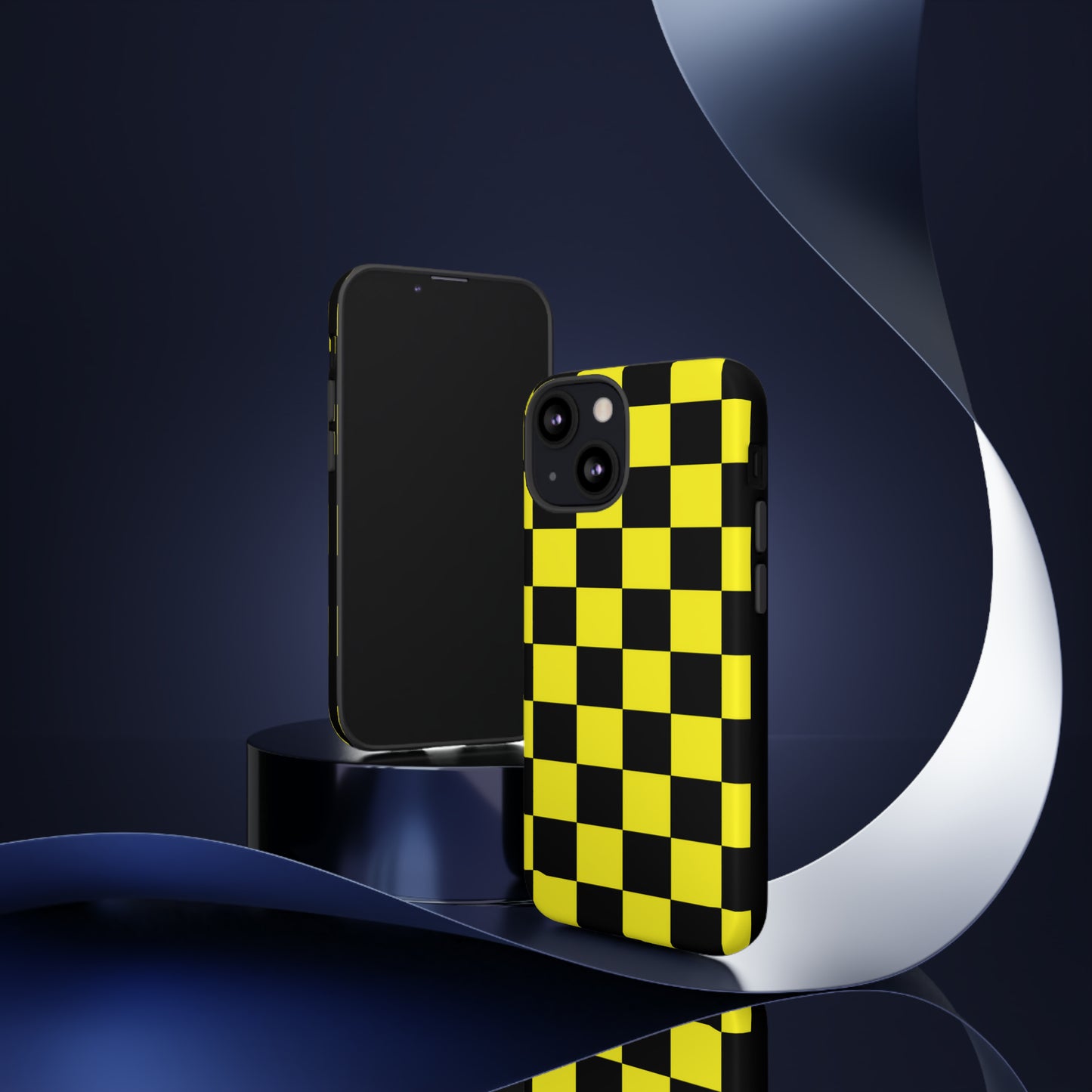 Yellow and Black Checkers with Black background: 46-Tough Case iPhone series 15 14 13 12 11 X XR XS 8: Google series 7 6 5: Samsung series S23 S22 S21 S20 S10