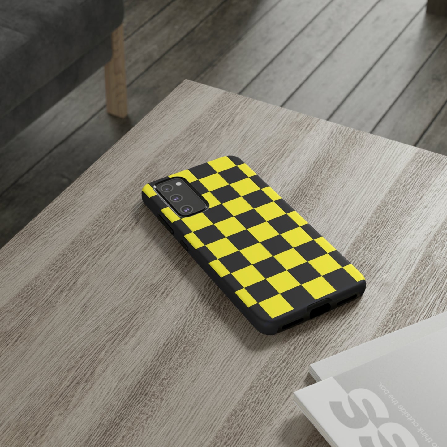 Yellow and Black Checkers with Black background: 46-Tough Case iPhone series 15 14 13 12 11 X XR XS 8: Google series 7 6 5: Samsung series S23 S22 S21 S20 S10