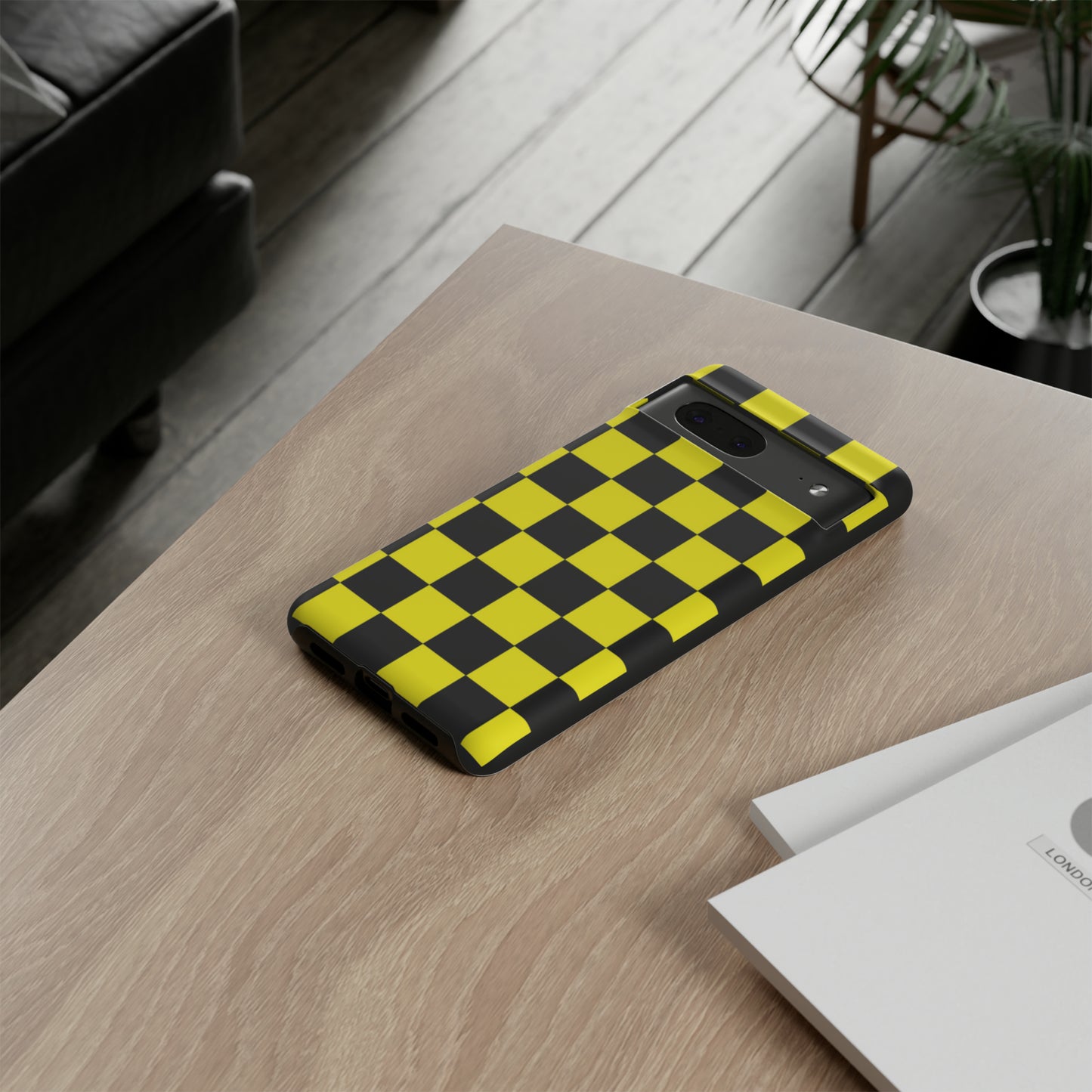 Yellow and Black Checkers with Black background: 46-Tough Case iPhone series 15 14 13 12 11 X XR XS 8: Google series 7 6 5: Samsung series S23 S22 S21 S20 S10