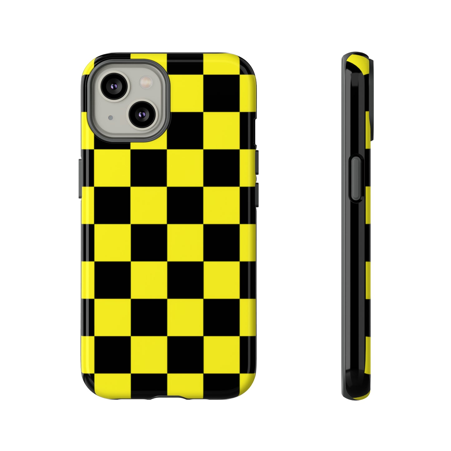 Yellow and Black Checkers with Black background: 46-Tough Case iPhone series 15 14 13 12 11 X XR XS 8: Google series 7 6 5: Samsung series S23 S22 S21 S20 S10