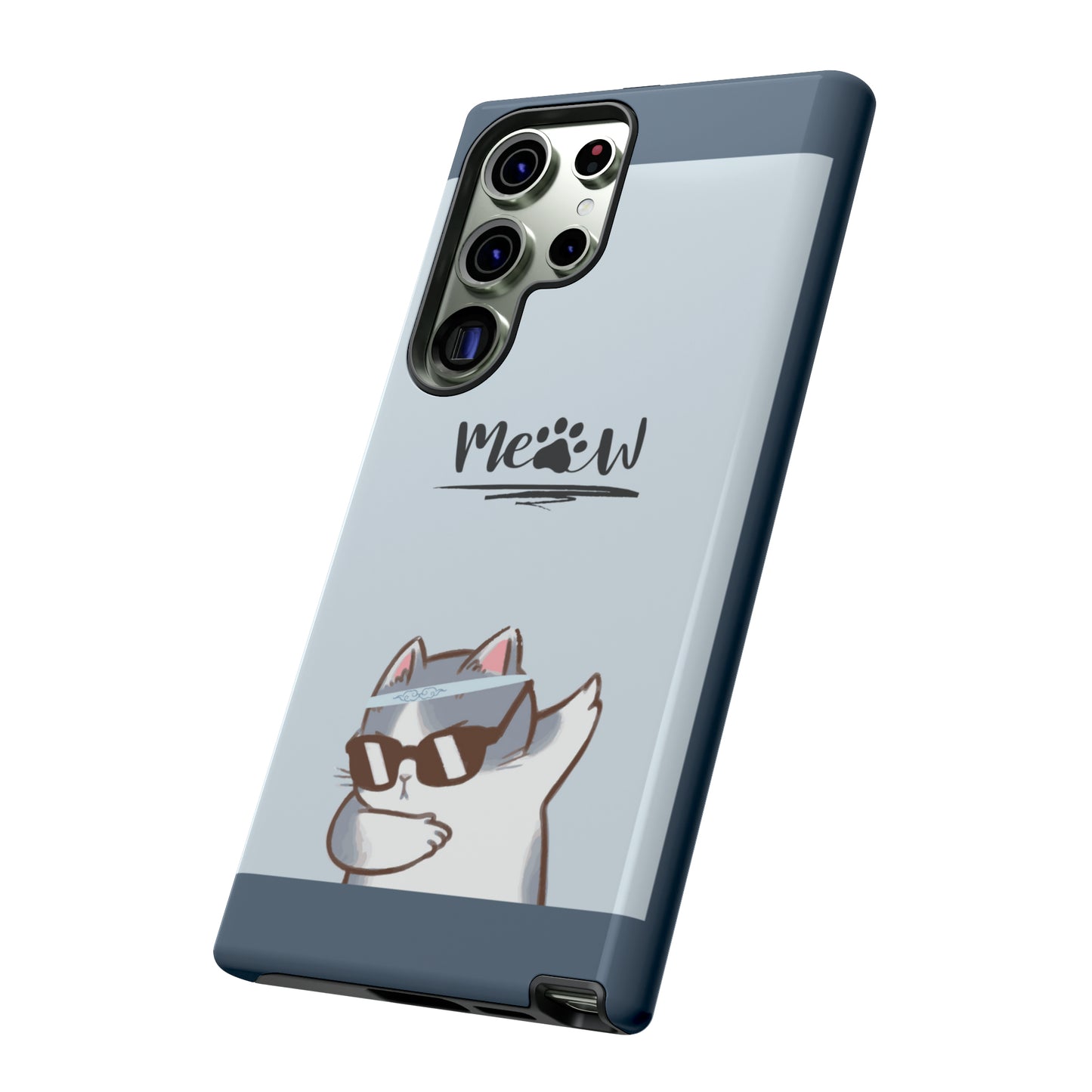 Cats Meow with slate blue background: 46-Tough Case iPhone series 15 14 13 12 11 X XR XS 8: Google series 7 6 5: Samsung series S23 S22 S21 S20 S10