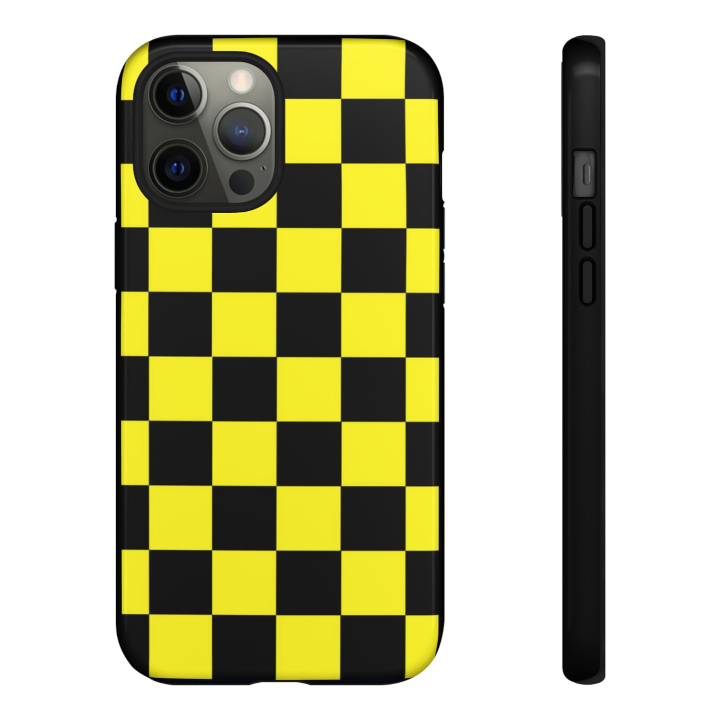 Yellow and Black Checkers with Black background: 46-Tough Case iPhone series 15 14 13 12 11 X XR XS 8: Google series 7 6 5: Samsung series S23 S22 S21 S20 S10