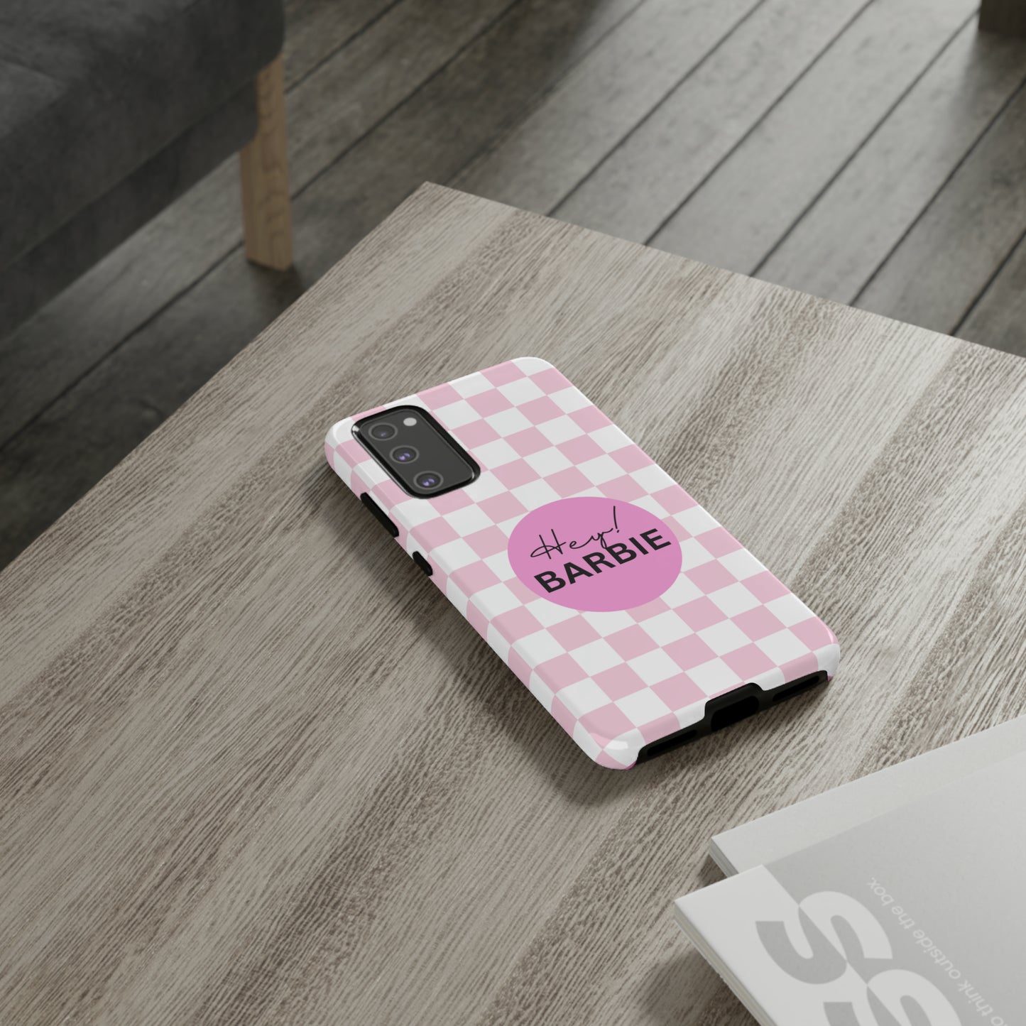 Pink and White Hey Barbie: 46-Tough Case iPhone series 15 14 13 12 11 X XR XS 8: Google series 7 6 5: Samsung series S23 S22 S21 S20 S10