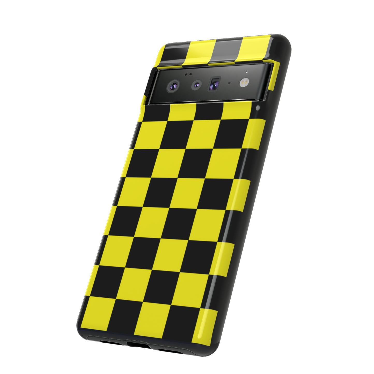 Yellow and Black Checkers with Black background: 46-Tough Case iPhone series 15 14 13 12 11 X XR XS 8: Google series 7 6 5: Samsung series S23 S22 S21 S20 S10