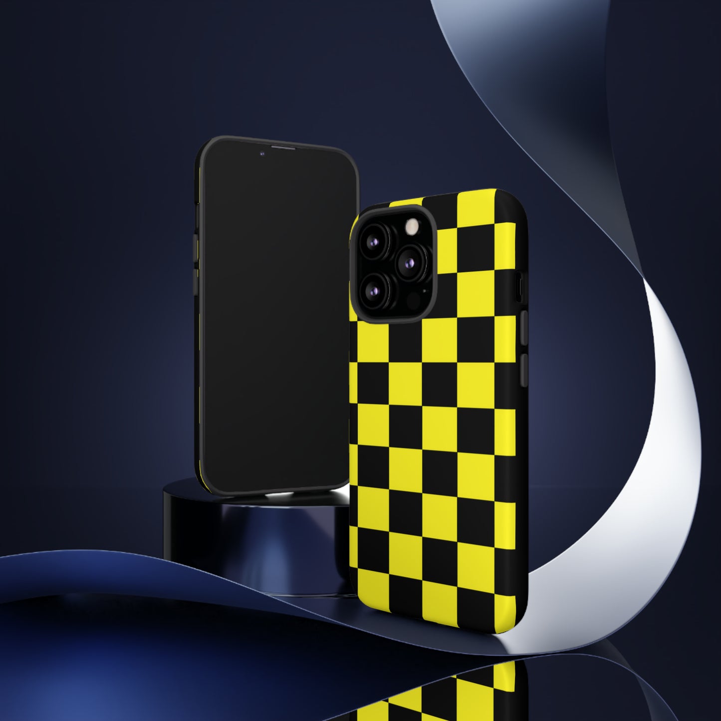 Yellow and Black Checkers with Black background: 46-Tough Case iPhone series 15 14 13 12 11 X XR XS 8: Google series 7 6 5: Samsung series S23 S22 S21 S20 S10