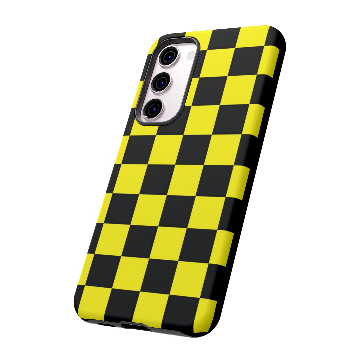 Yellow and Black Checkers with Black background: 46-Tough Case iPhone series 15 14 13 12 11 X XR XS 8: Google series 7 6 5: Samsung series S23 S22 S21 S20 S10