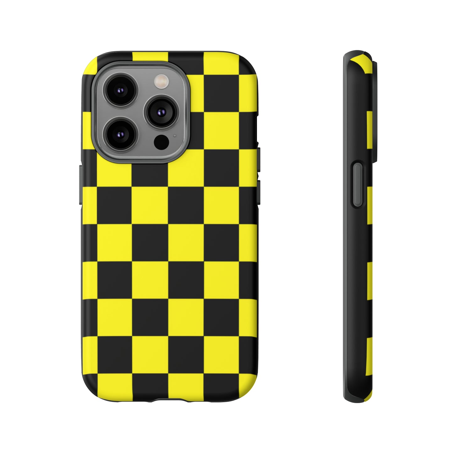 Yellow and Black Checkers with Black background: 46-Tough Case iPhone series 15 14 13 12 11 X XR XS 8: Google series 7 6 5: Samsung series S23 S22 S21 S20 S10