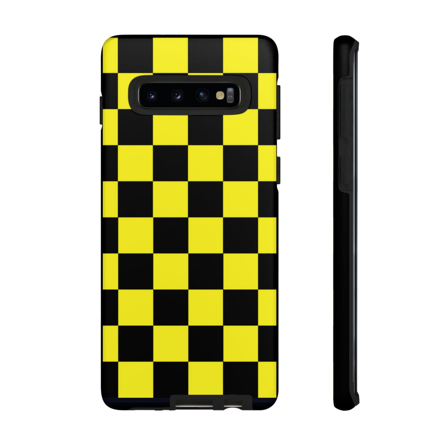 Yellow and Black Checkers with Black background: 46-Tough Case iPhone series 15 14 13 12 11 X XR XS 8: Google series 7 6 5: Samsung series S23 S22 S21 S20 S10