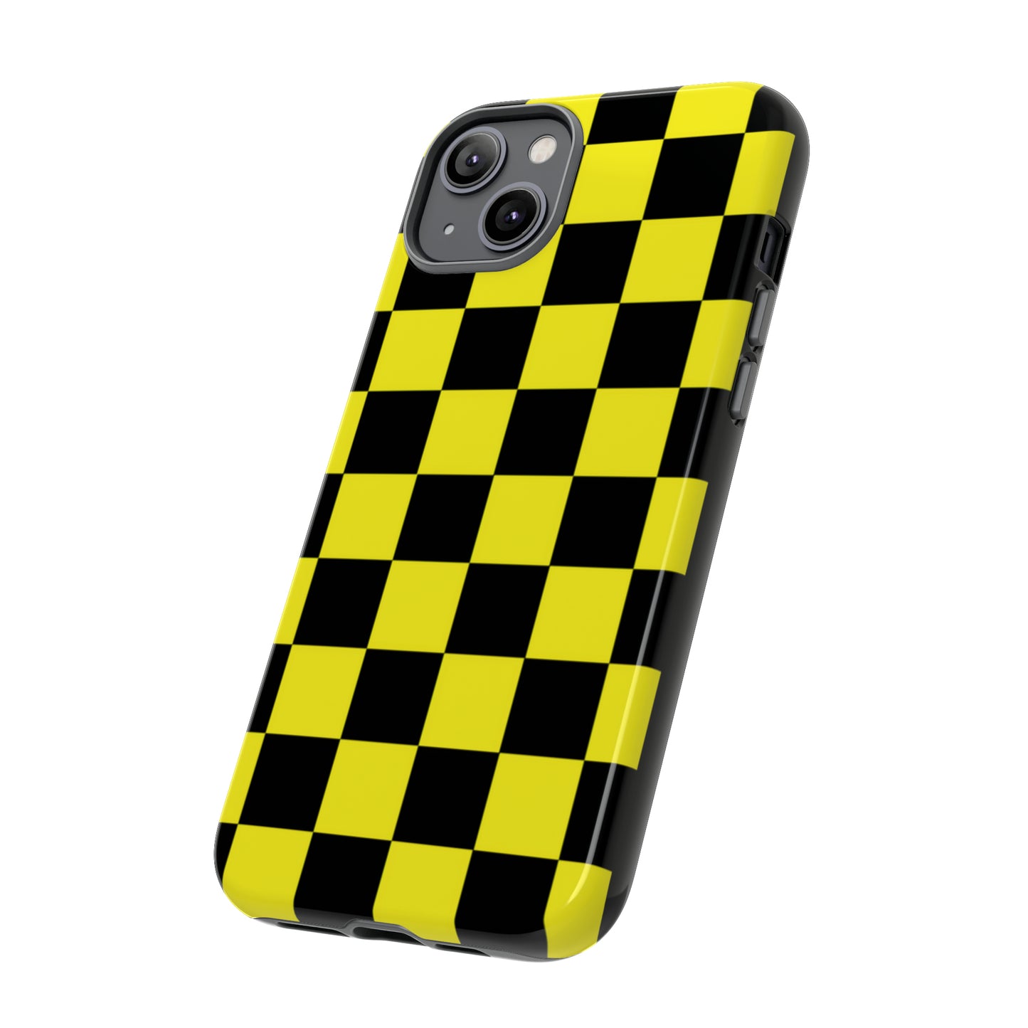 Yellow and Black Checkers with Black background: 46-Tough Case iPhone series 15 14 13 12 11 X XR XS 8: Google series 7 6 5: Samsung series S23 S22 S21 S20 S10