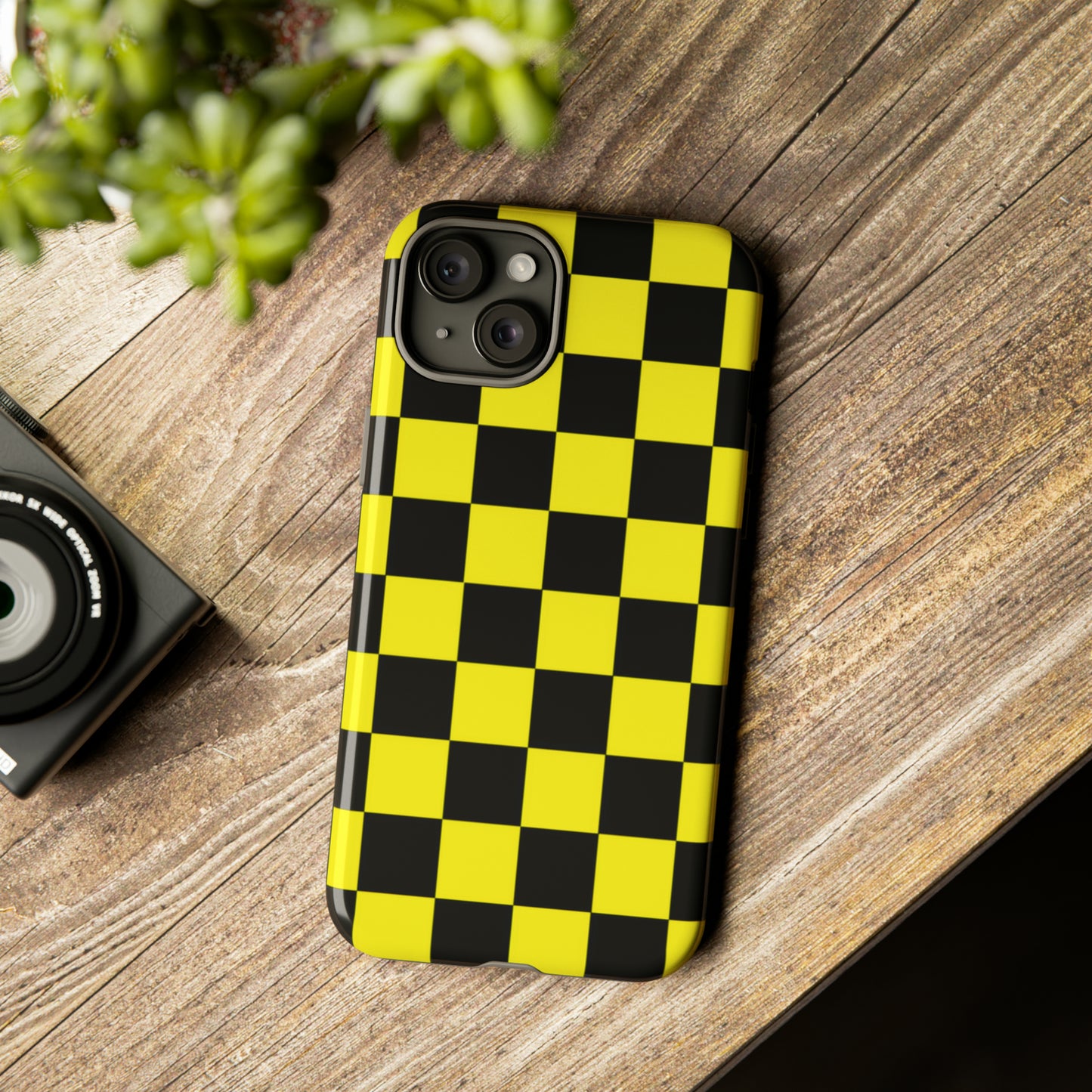 Yellow and Black Checkers with Black background: 46-Tough Case iPhone series 15 14 13 12 11 X XR XS 8: Google series 7 6 5: Samsung series S23 S22 S21 S20 S10