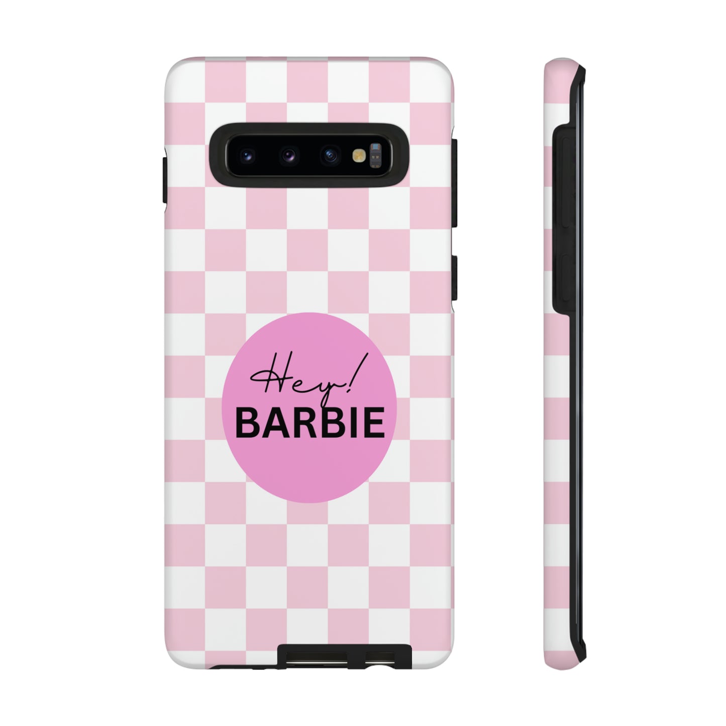 Pink and White Hey Barbie: 46-Tough Case iPhone series 15 14 13 12 11 X XR XS 8: Google series 7 6 5: Samsung series S23 S22 S21 S20 S10