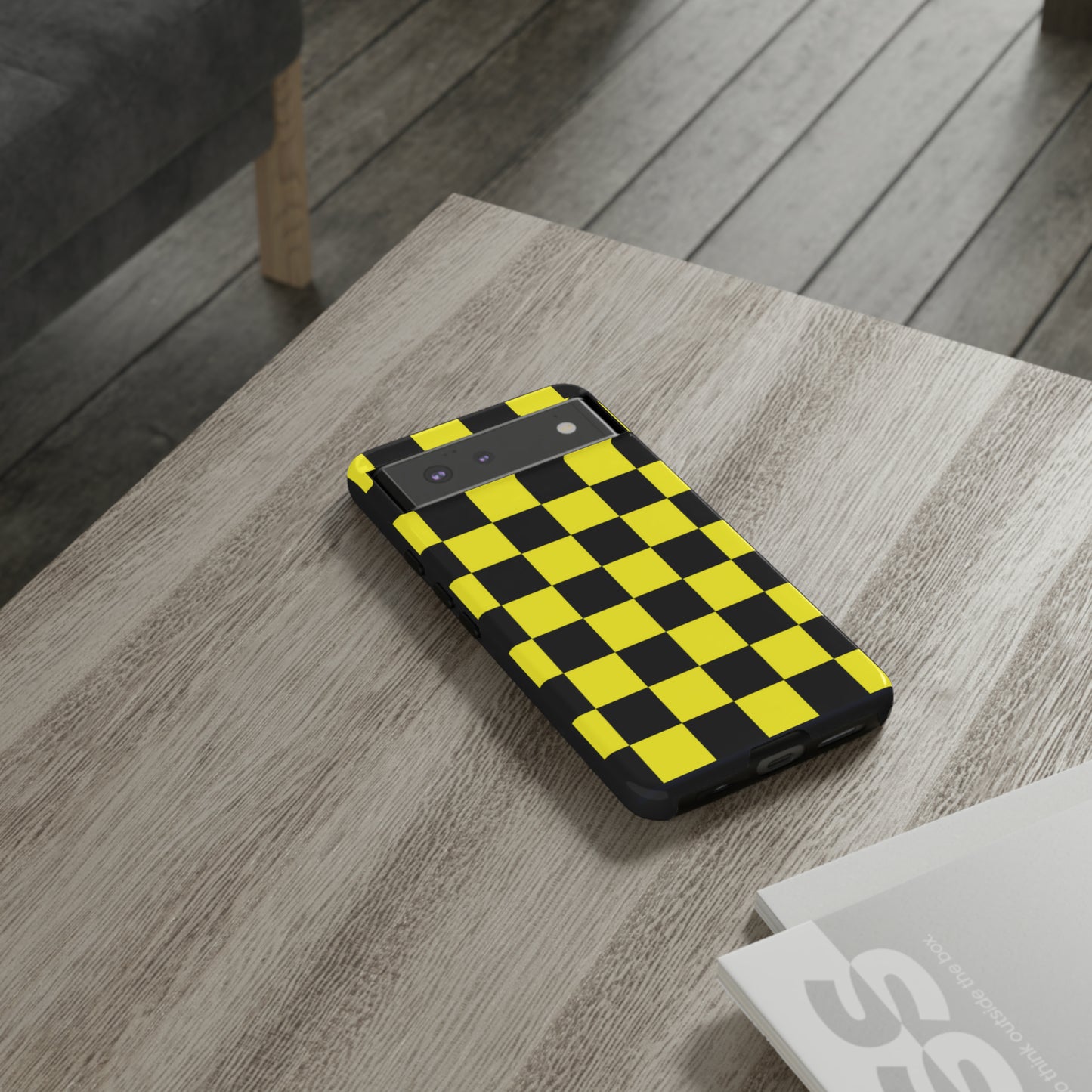 Yellow and Black Checkers with Black background: 46-Tough Case iPhone series 15 14 13 12 11 X XR XS 8: Google series 7 6 5: Samsung series S23 S22 S21 S20 S10