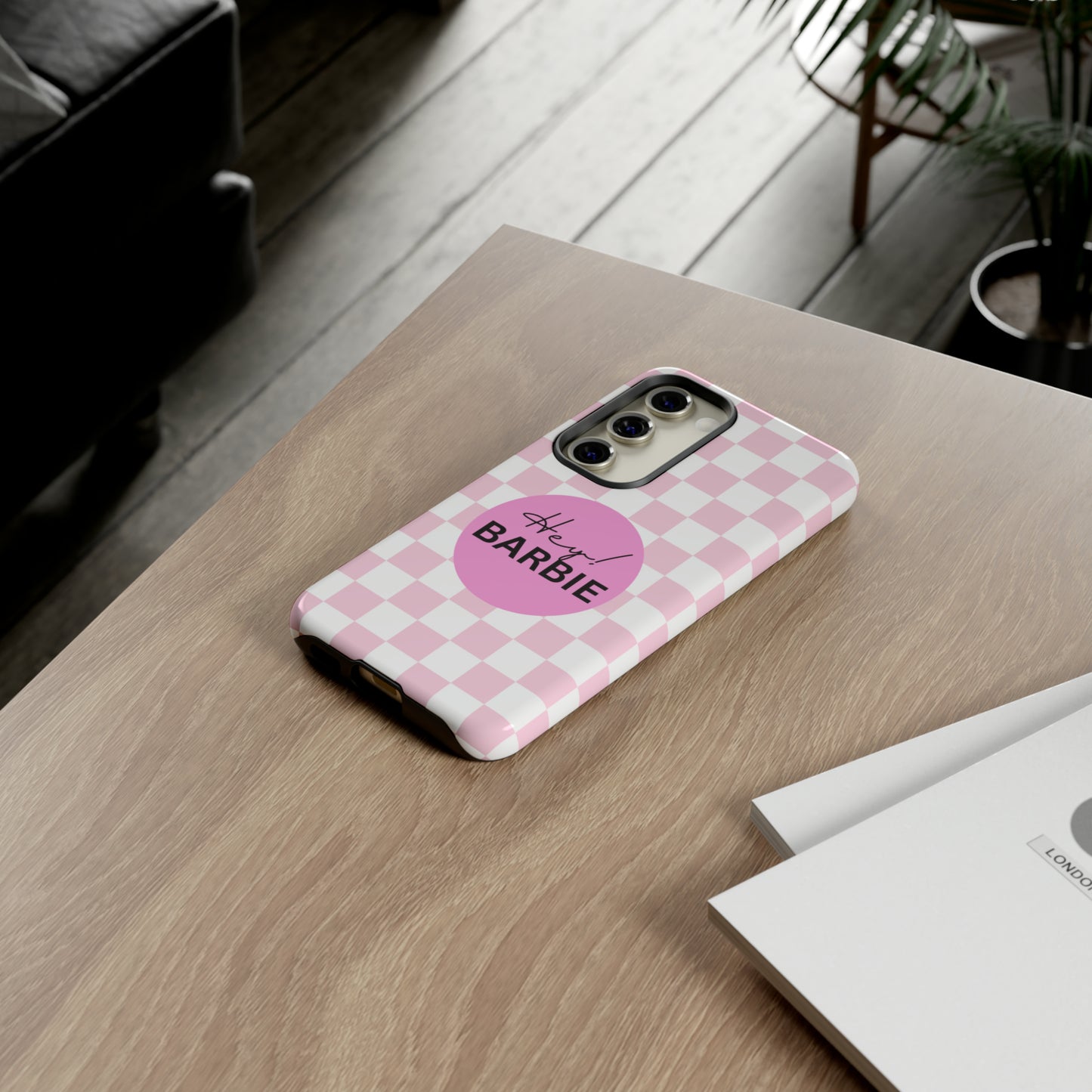 Pink and White Hey Barbie: 46-Tough Case iPhone series 15 14 13 12 11 X XR XS 8: Google series 7 6 5: Samsung series S23 S22 S21 S20 S10