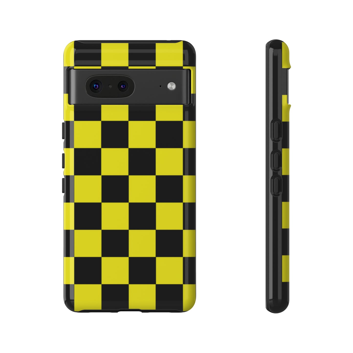 Yellow and Black Checkers with Black background: 46-Tough Case iPhone series 15 14 13 12 11 X XR XS 8: Google series 7 6 5: Samsung series S23 S22 S21 S20 S10