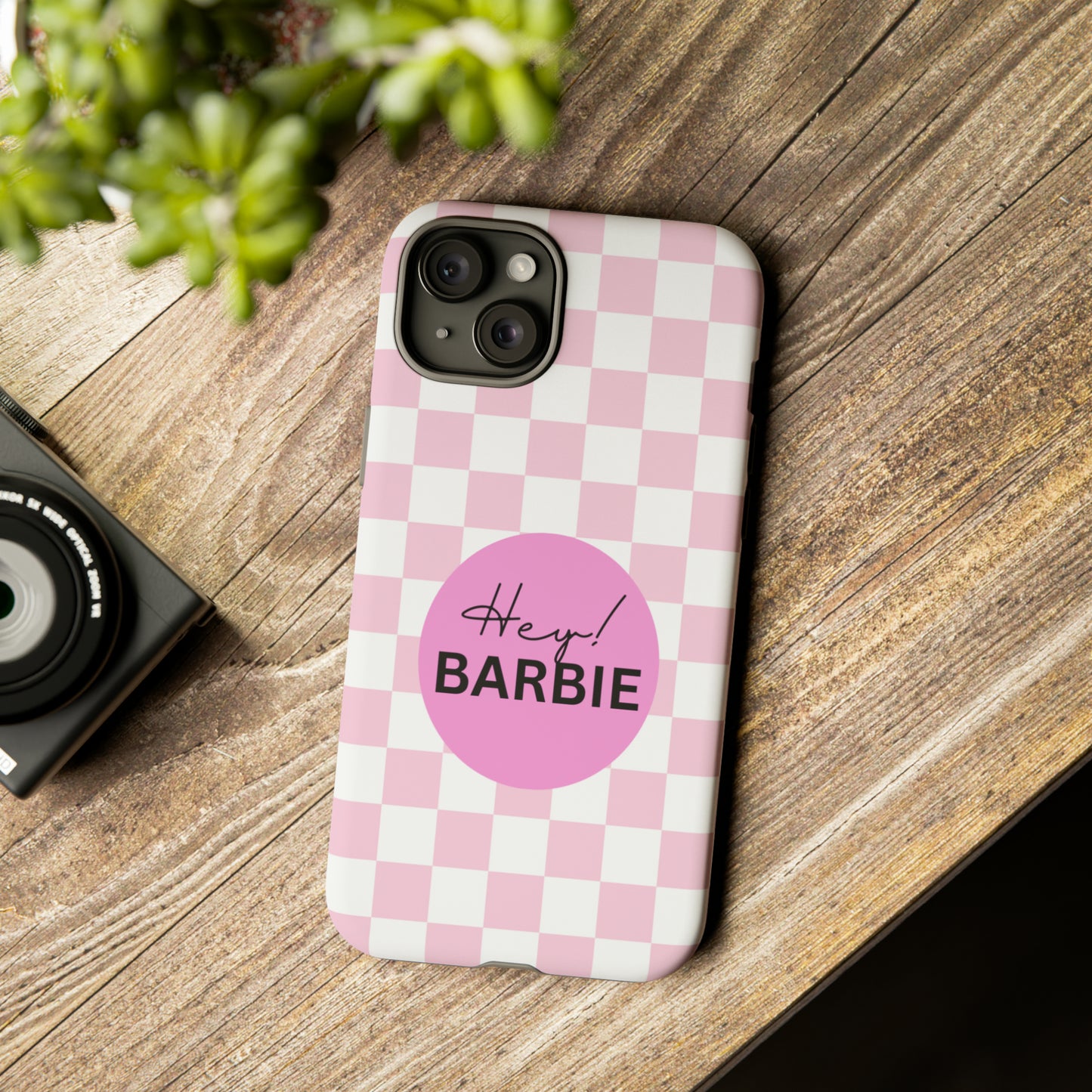 Pink and White Hey Barbie: 46-Tough Case iPhone series 15 14 13 12 11 X XR XS 8: Google series 7 6 5: Samsung series S23 S22 S21 S20 S10