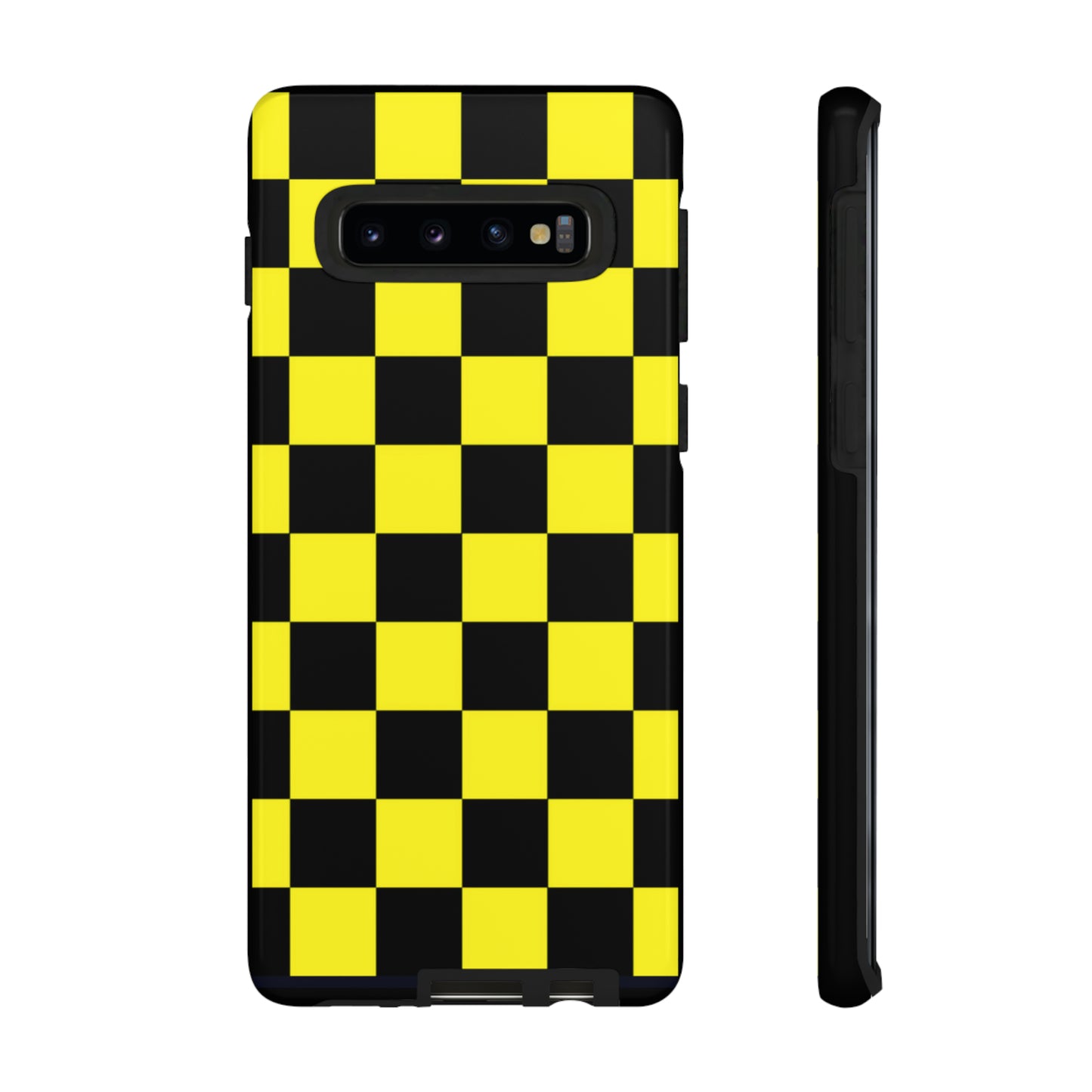 Yellow and Black Checkers with Black background: 46-Tough Case iPhone series 15 14 13 12 11 X XR XS 8: Google series 7 6 5: Samsung series S23 S22 S21 S20 S10