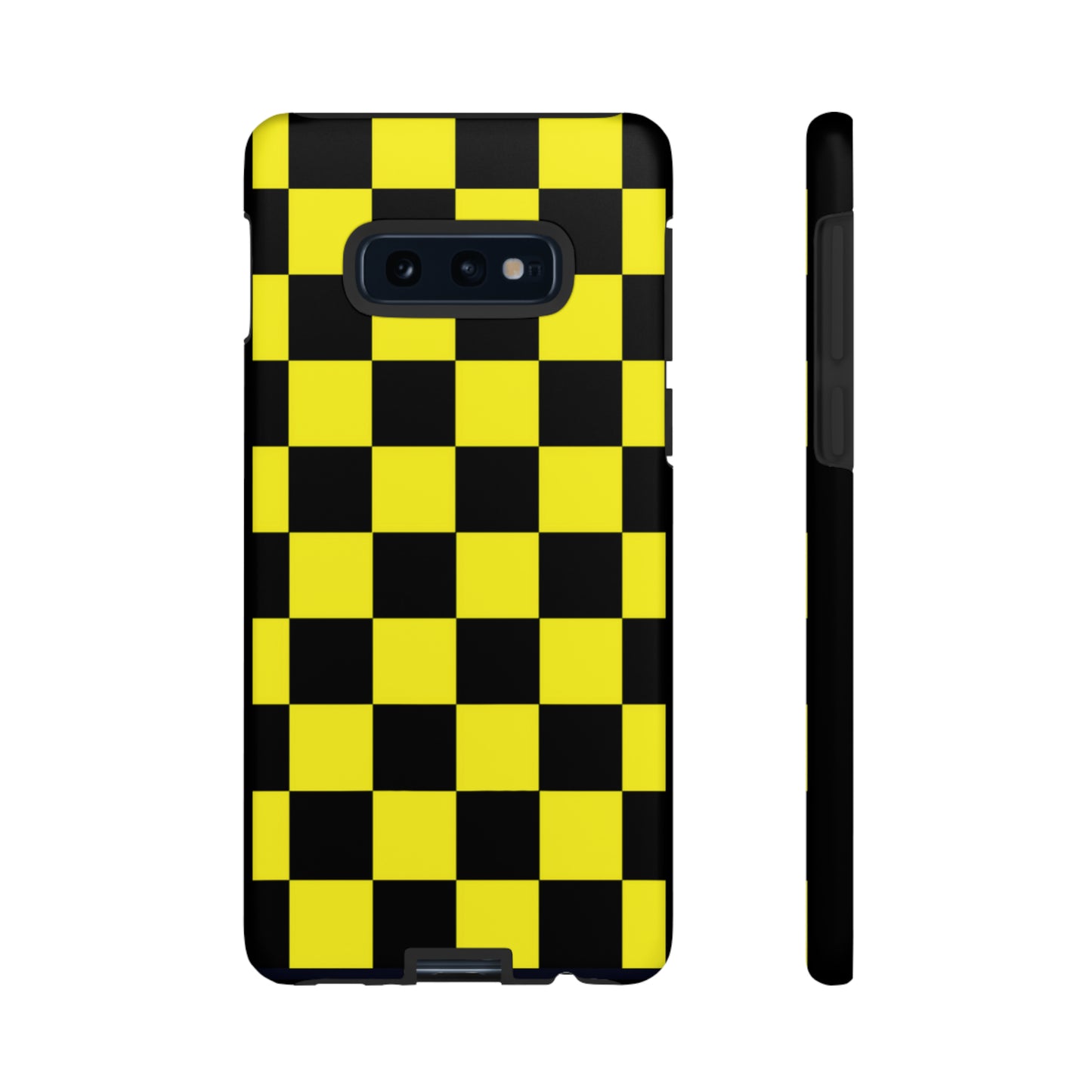 Yellow and Black Checkers with Black background: 46-Tough Case iPhone series 15 14 13 12 11 X XR XS 8: Google series 7 6 5: Samsung series S23 S22 S21 S20 S10