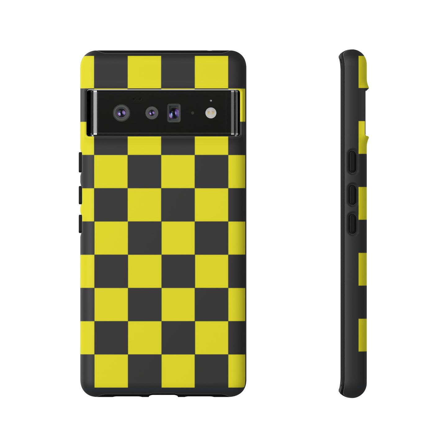 Yellow and Black Checkers with Black background: 46-Tough Case iPhone series 15 14 13 12 11 X XR XS 8: Google series 7 6 5: Samsung series S23 S22 S21 S20 S10