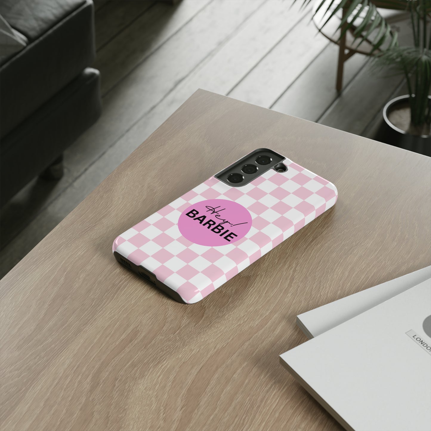 Pink and White Hey Barbie: 46-Tough Case iPhone series 15 14 13 12 11 X XR XS 8: Google series 7 6 5: Samsung series S23 S22 S21 S20 S10