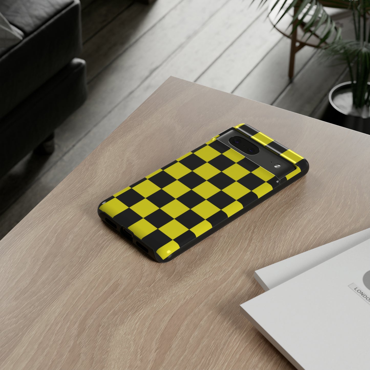 Yellow and Black Checkers with Black background: 46-Tough Case iPhone series 15 14 13 12 11 X XR XS 8: Google series 7 6 5: Samsung series S23 S22 S21 S20 S10