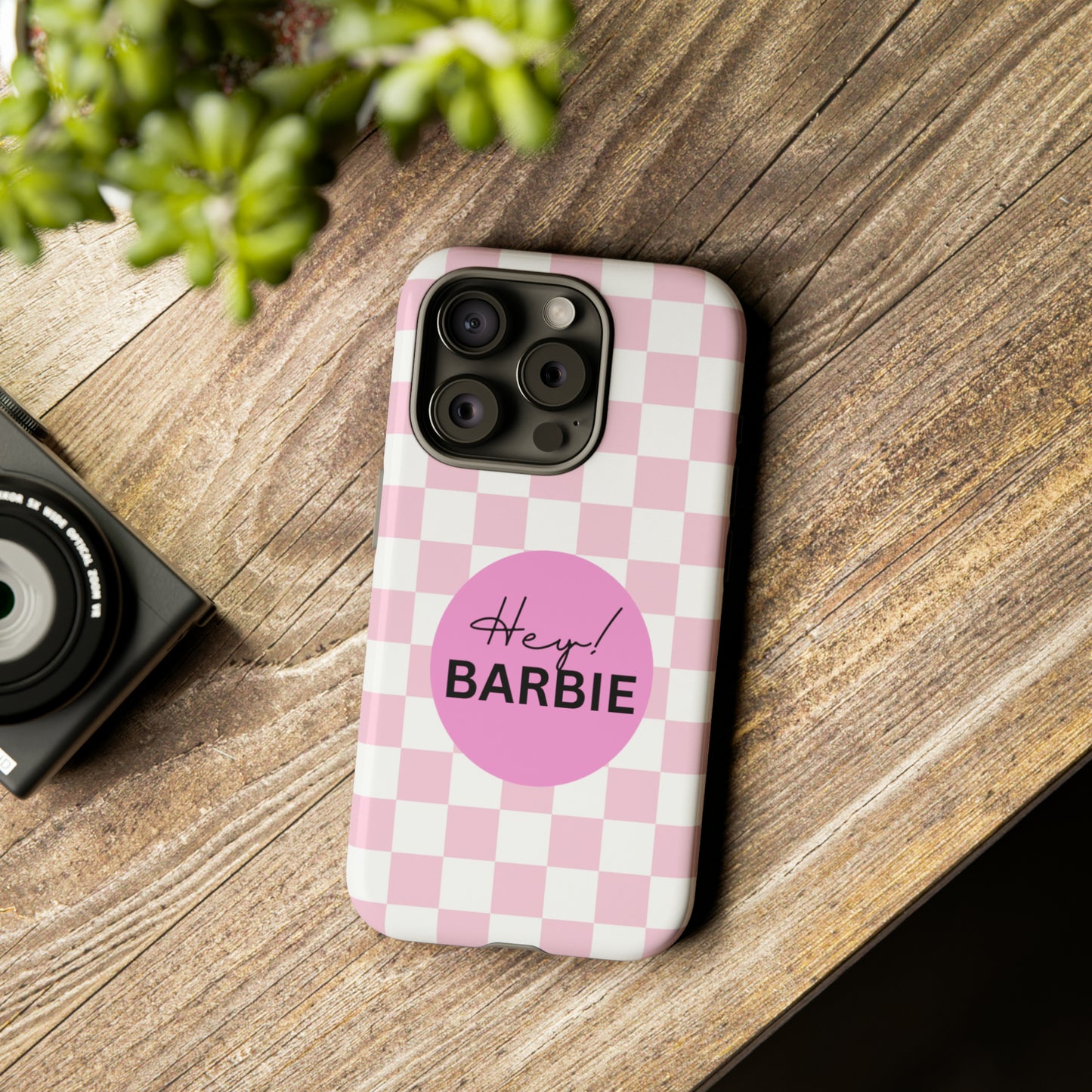 Pink and White Hey Barbie: 46-Tough Case iPhone series 15 14 13 12 11 X XR XS 8: Google series 7 6 5: Samsung series S23 S22 S21 S20 S10