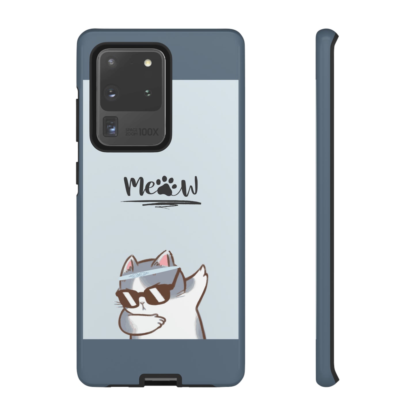 Cats Meow with slate blue background: 46-Tough Case iPhone series 15 14 13 12 11 X XR XS 8: Google series 7 6 5: Samsung series S23 S22 S21 S20 S10