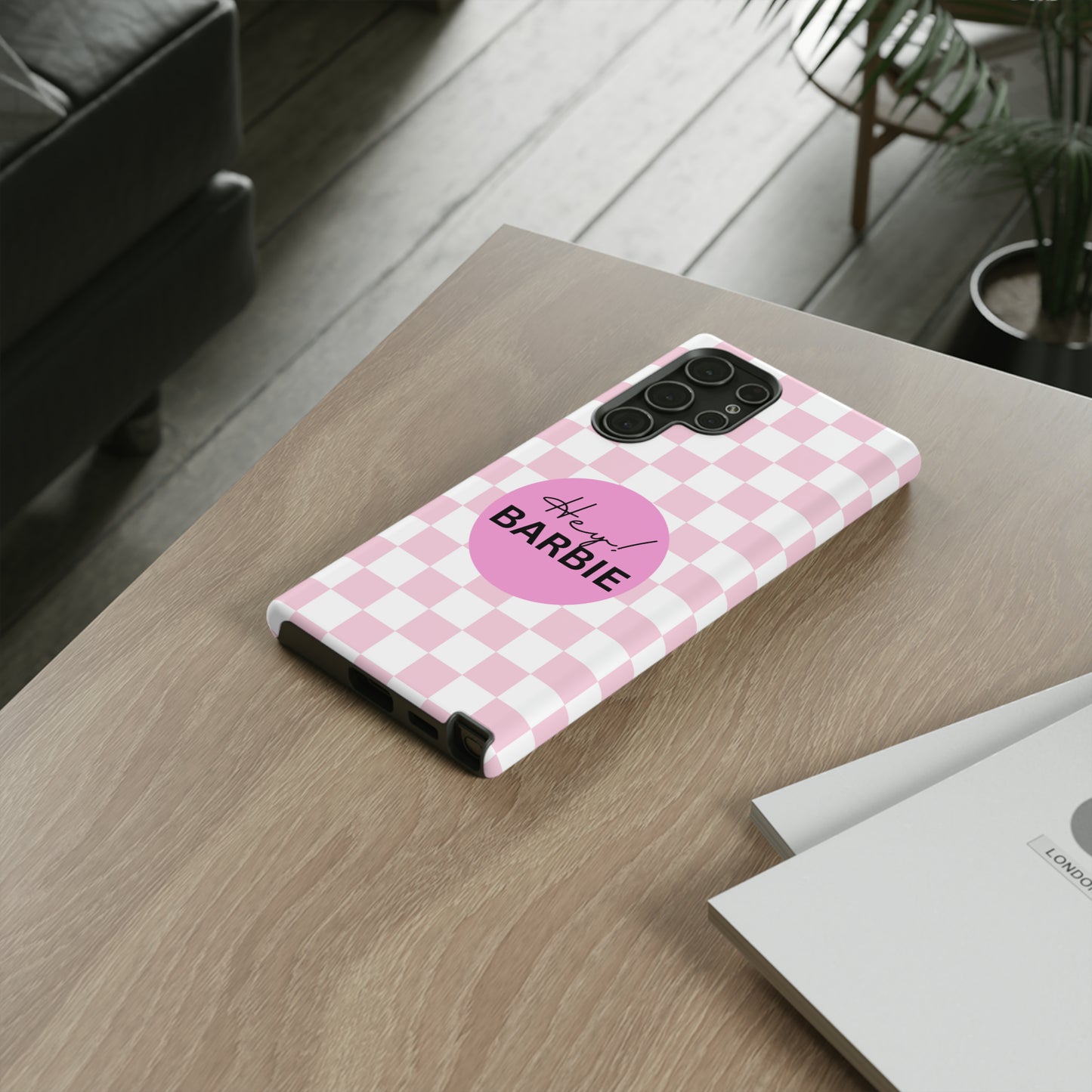 Pink and White Hey Barbie: 46-Tough Case iPhone series 15 14 13 12 11 X XR XS 8: Google series 7 6 5: Samsung series S23 S22 S21 S20 S10