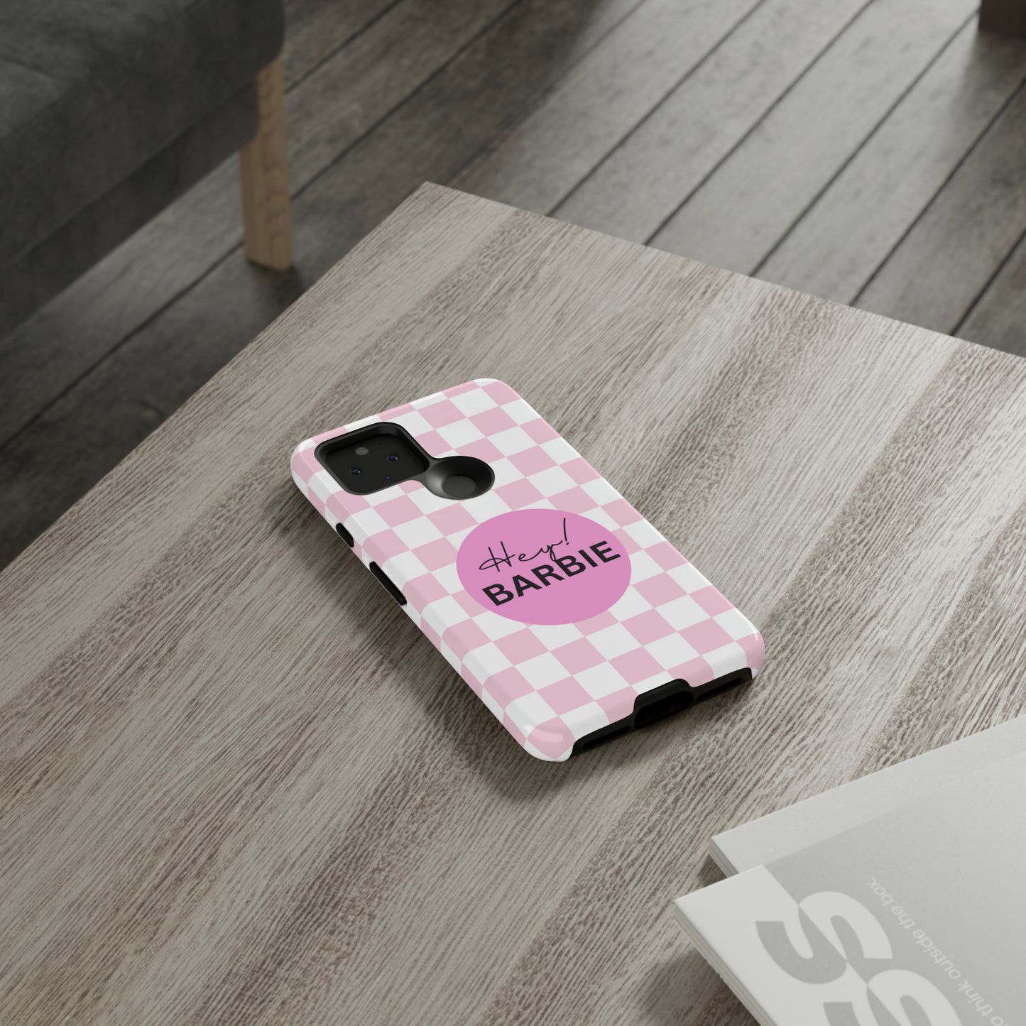 Pink and White Hey Barbie: 46-Tough Case iPhone series 15 14 13 12 11 X XR XS 8: Google series 7 6 5: Samsung series S23 S22 S21 S20 S10