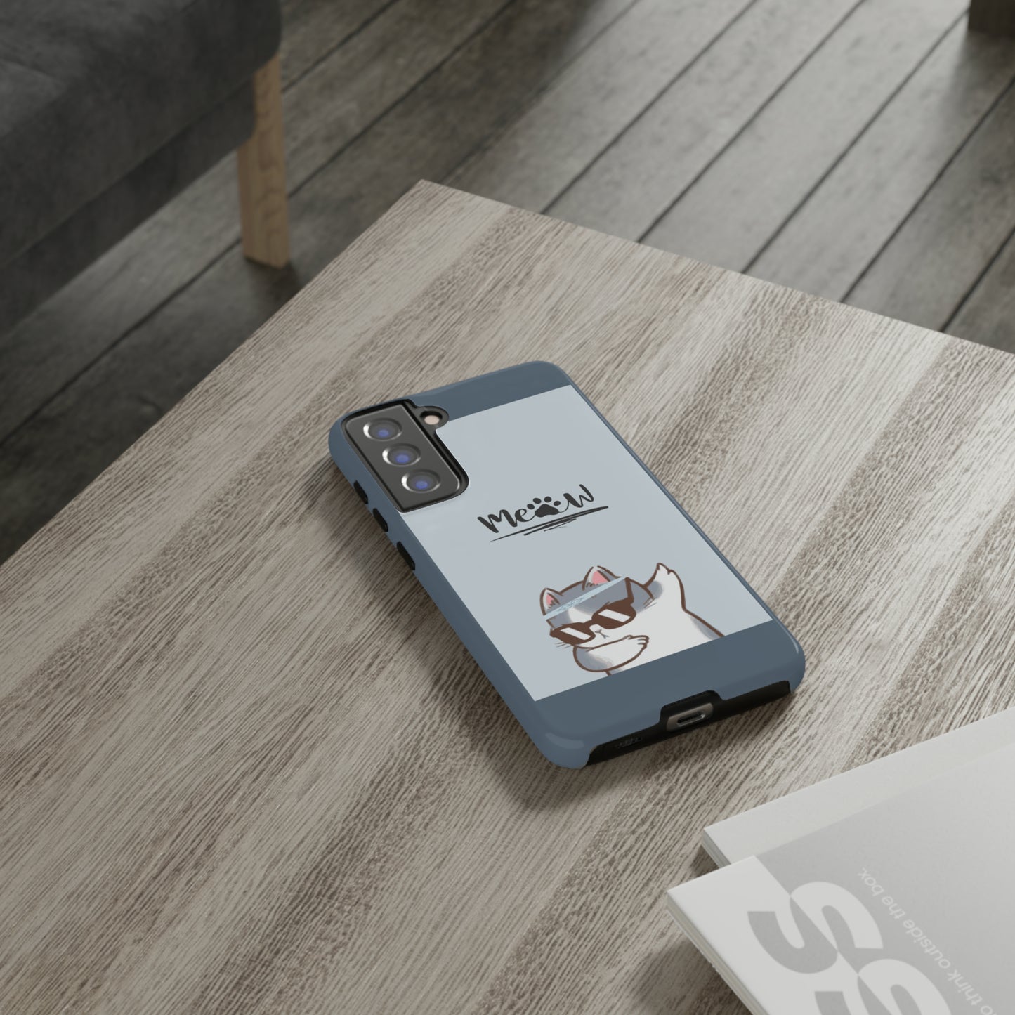 Cats Meow with slate blue background: 46-Tough Case iPhone series 15 14 13 12 11 X XR XS 8: Google series 7 6 5: Samsung series S23 S22 S21 S20 S10