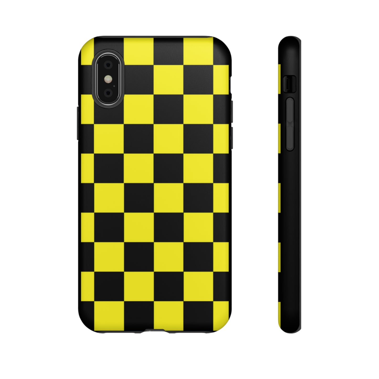 Yellow and Black Checkers with Black background: 46-Tough Case iPhone series 15 14 13 12 11 X XR XS 8: Google series 7 6 5: Samsung series S23 S22 S21 S20 S10