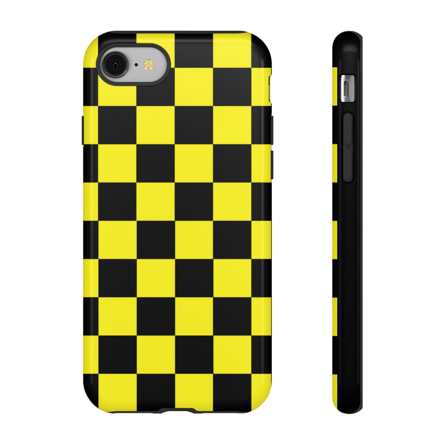 Yellow and Black Checkers with Black background: 46-Tough Case iPhone series 15 14 13 12 11 X XR XS 8: Google series 7 6 5: Samsung series S23 S22 S21 S20 S10