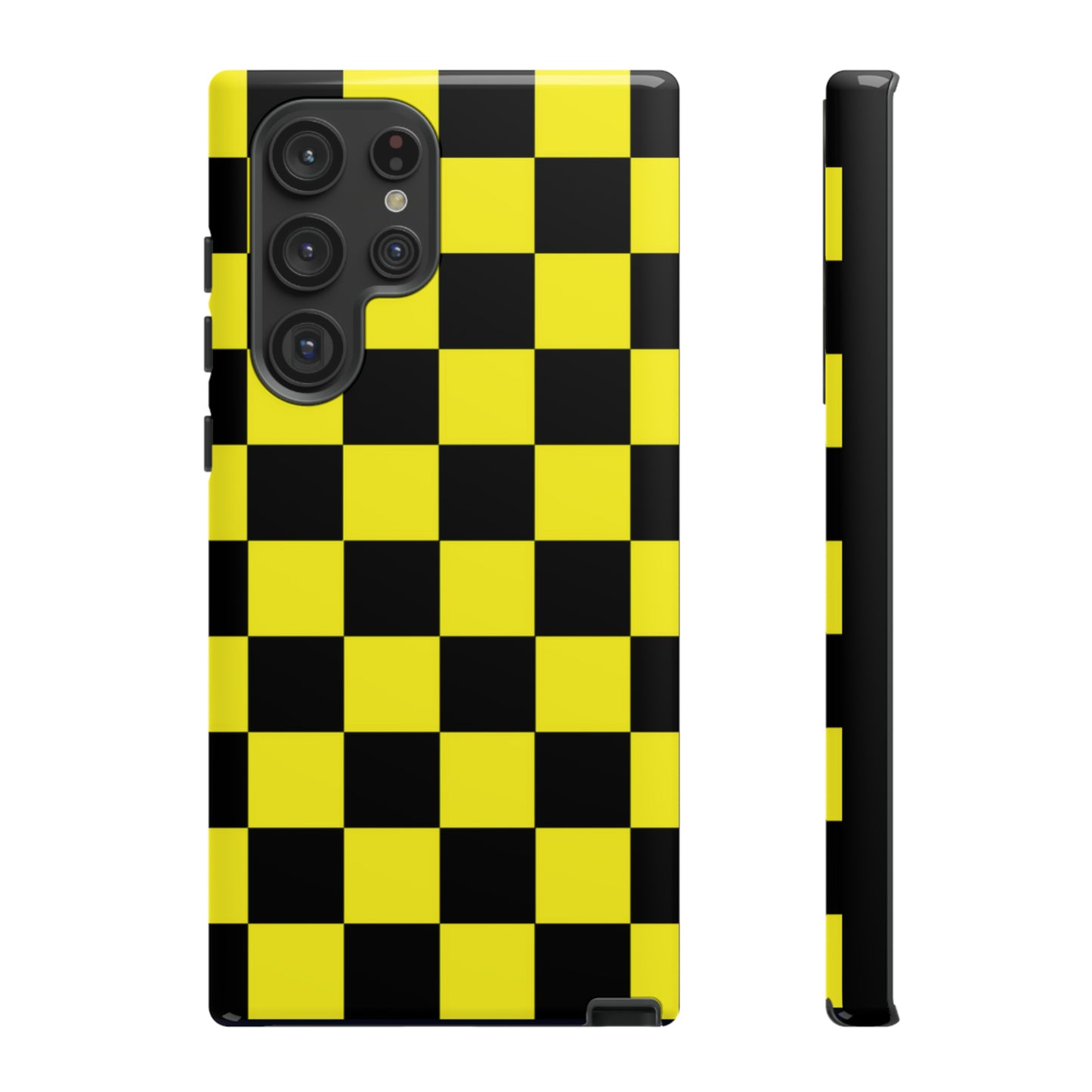 Yellow and Black Checkers with Black background: 46-Tough Case iPhone series 15 14 13 12 11 X XR XS 8: Google series 7 6 5: Samsung series S23 S22 S21 S20 S10