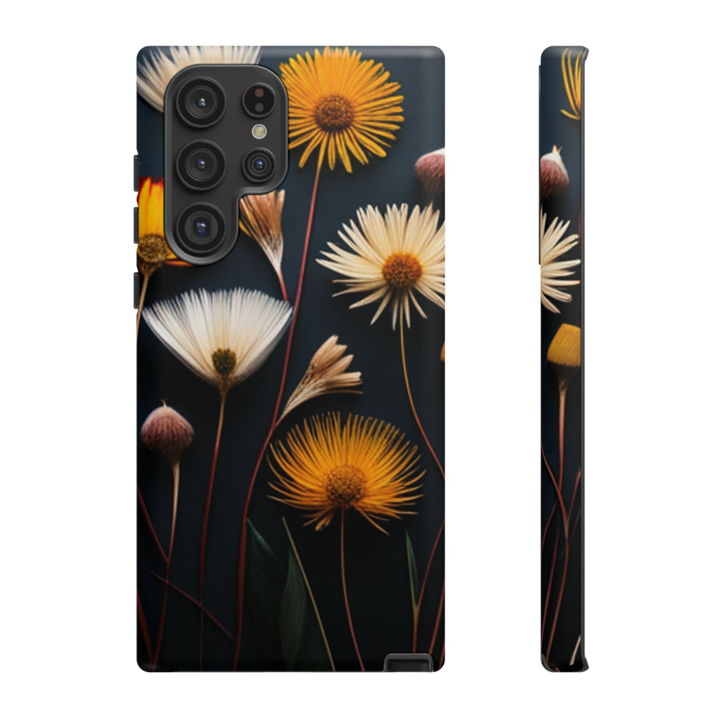 Elegant dried pressed flowers on a black background 46-Tough Case iPhone series 15 14 13 12 11 X XR XS 8: Google series 7 6 5: Samsung series S23 S22 S21 S20 S10