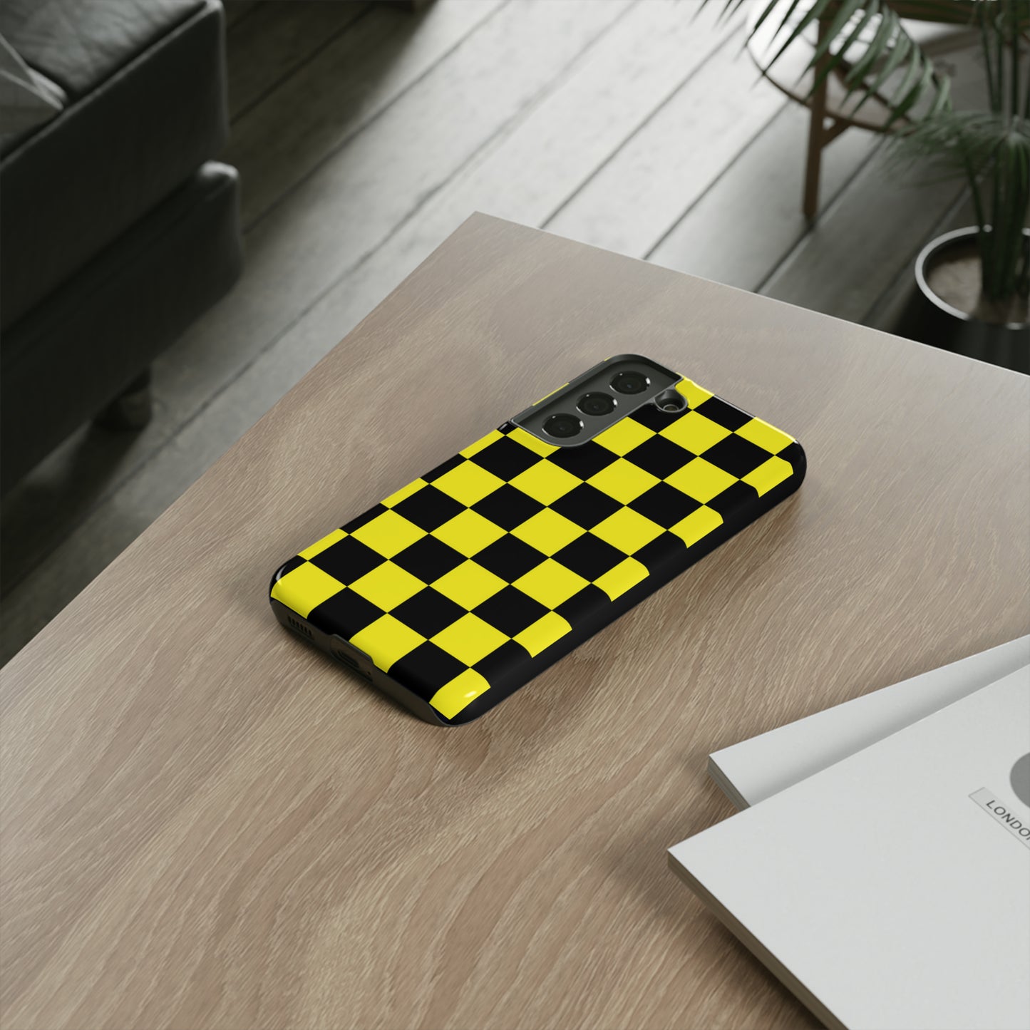 Yellow and Black Checkers with Black background: 46-Tough Case iPhone series 15 14 13 12 11 X XR XS 8: Google series 7 6 5: Samsung series S23 S22 S21 S20 S10