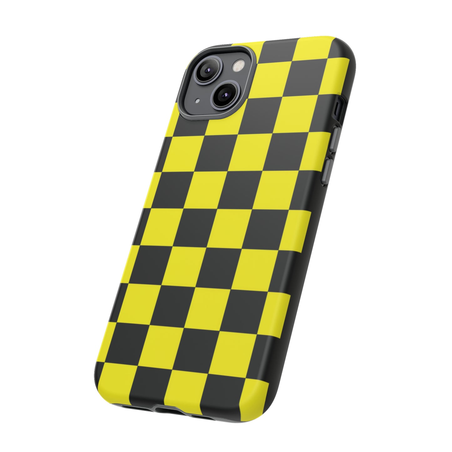 Yellow and Black Checkers with Black background: 46-Tough Case iPhone series 15 14 13 12 11 X XR XS 8: Google series 7 6 5: Samsung series S23 S22 S21 S20 S10